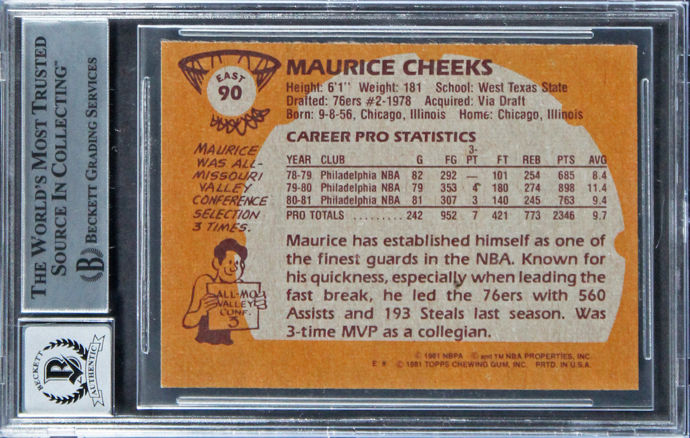 76ers Maurice Cheeks "HOF 2018" Signed 1981 Topps #E90 Card Auto 10! BAS Slabbed