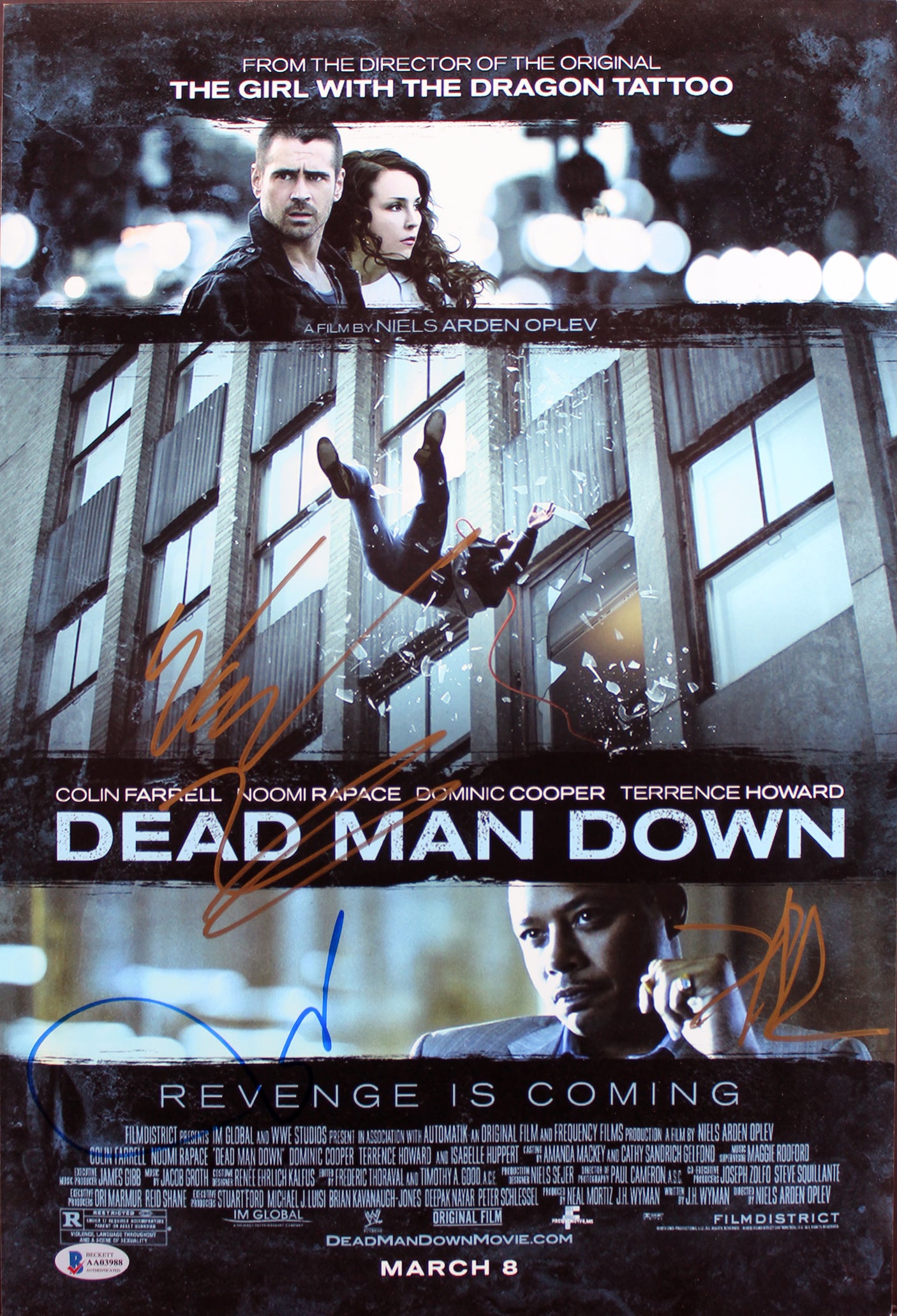 Dead Man Down (4) Howard, Oplev, Bennett +1 Signed 12x18 Photo BAS #AA03988