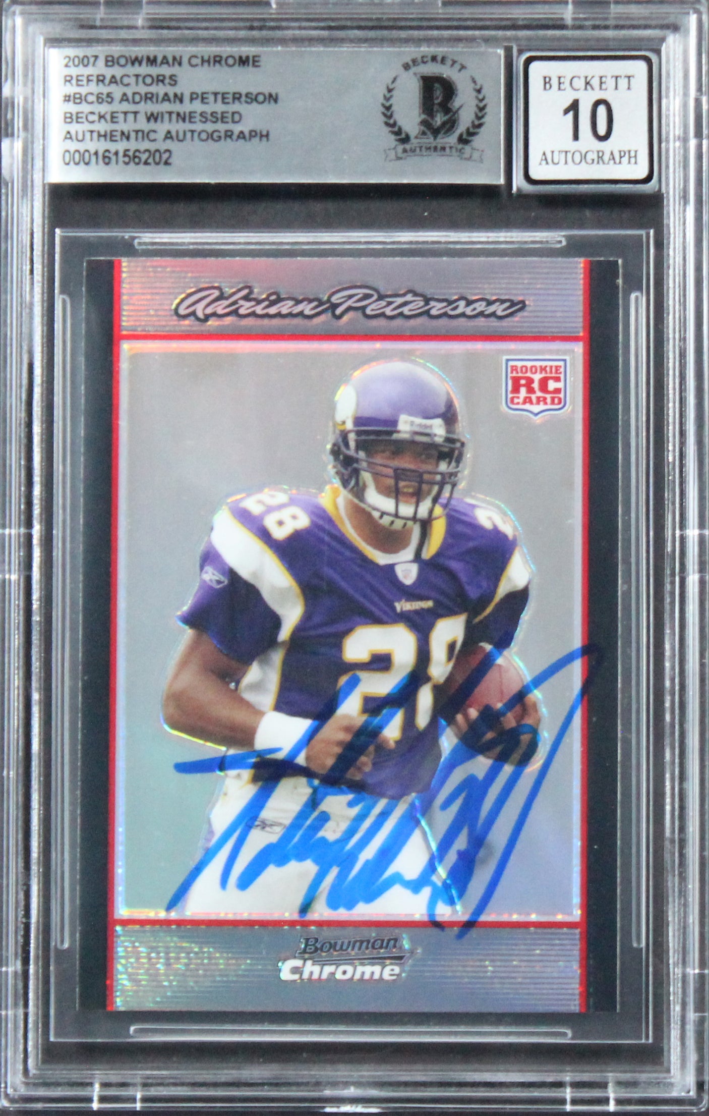 Vikings Adrian Peterson Signed 2007 Bowman Chrome #BC65 RC Auto 10! BAS Slabbed