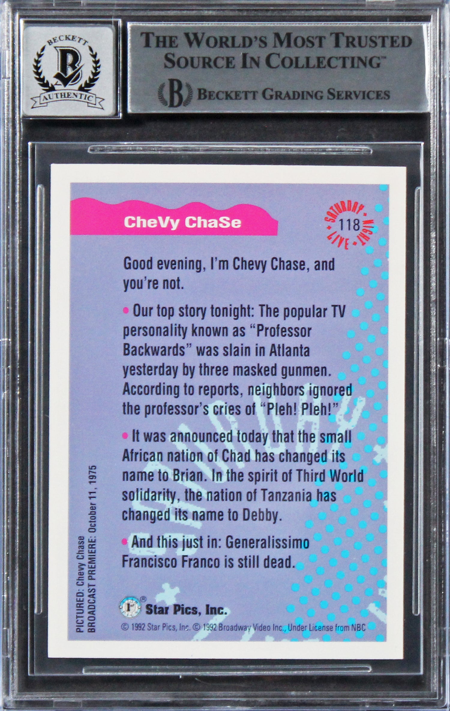 Chevy Chase Signed 1992 Star Pics Saturday Night Live #118 Card Auto 10 BAS Slab