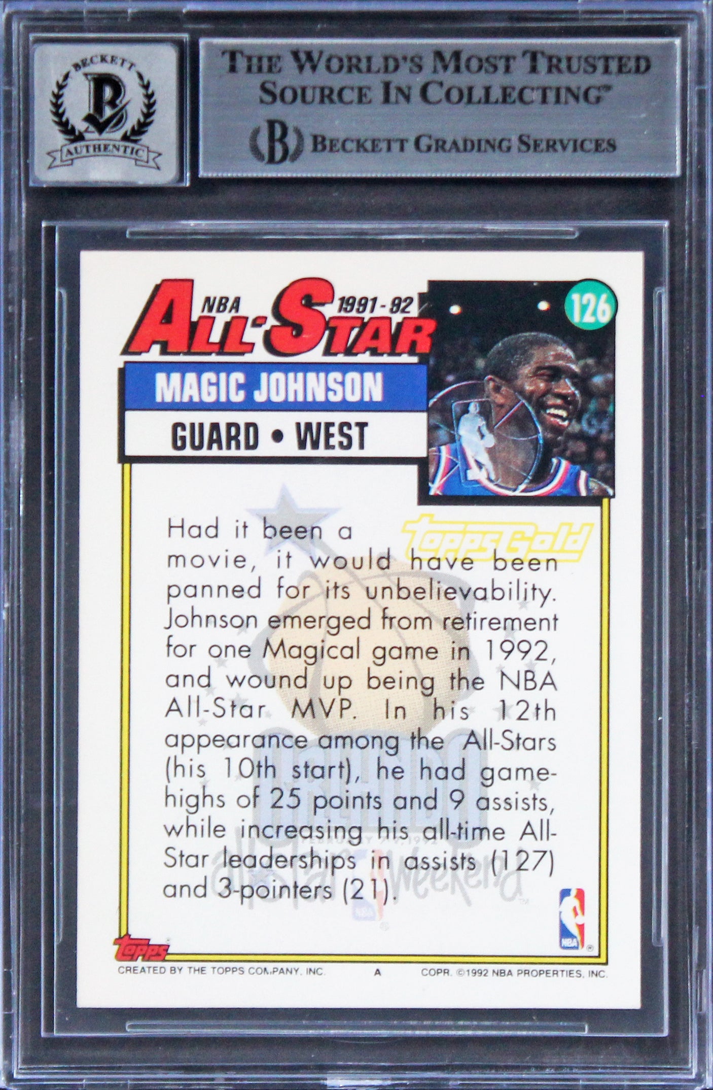 Lakers Magic Johnson Signed 1992 Topps Gold #126 AS Card Auto 10! BAS Slabbed