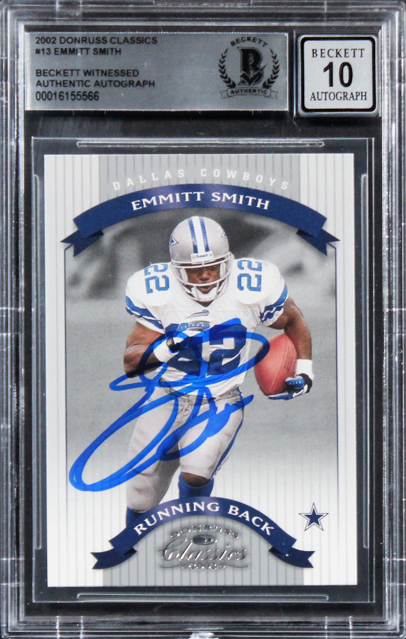 Cowboys Emmitt Smith Signed 2002 Donruss Classics #13 Card Auto 10! BAS Slabbed