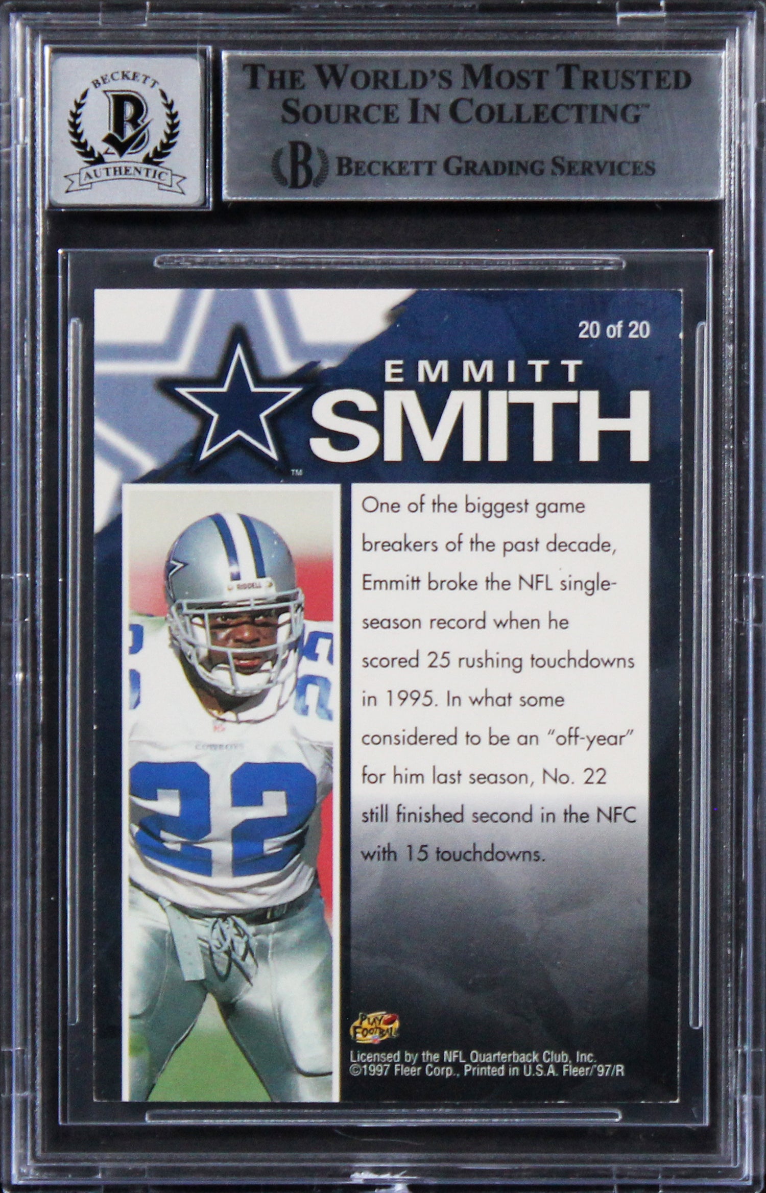 Cowboys Emmitt Smith Signed 1997 Fleer Game Breakers #20 Card Auto 10! BAS Slab