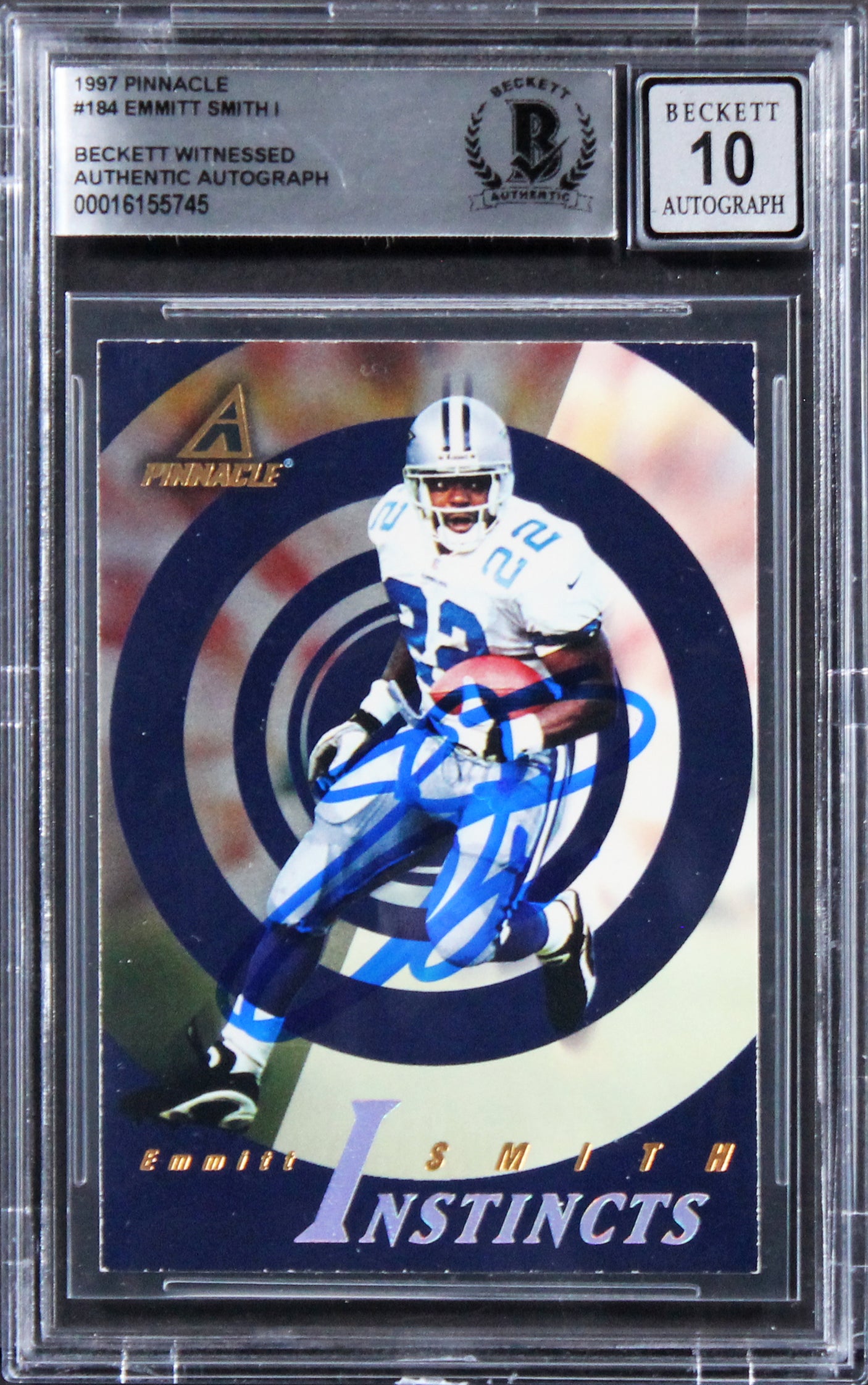 Cowboys Emmitt Smith Signed 1997 Pinnacle #184 Card Auto 10! BAS Slabbed