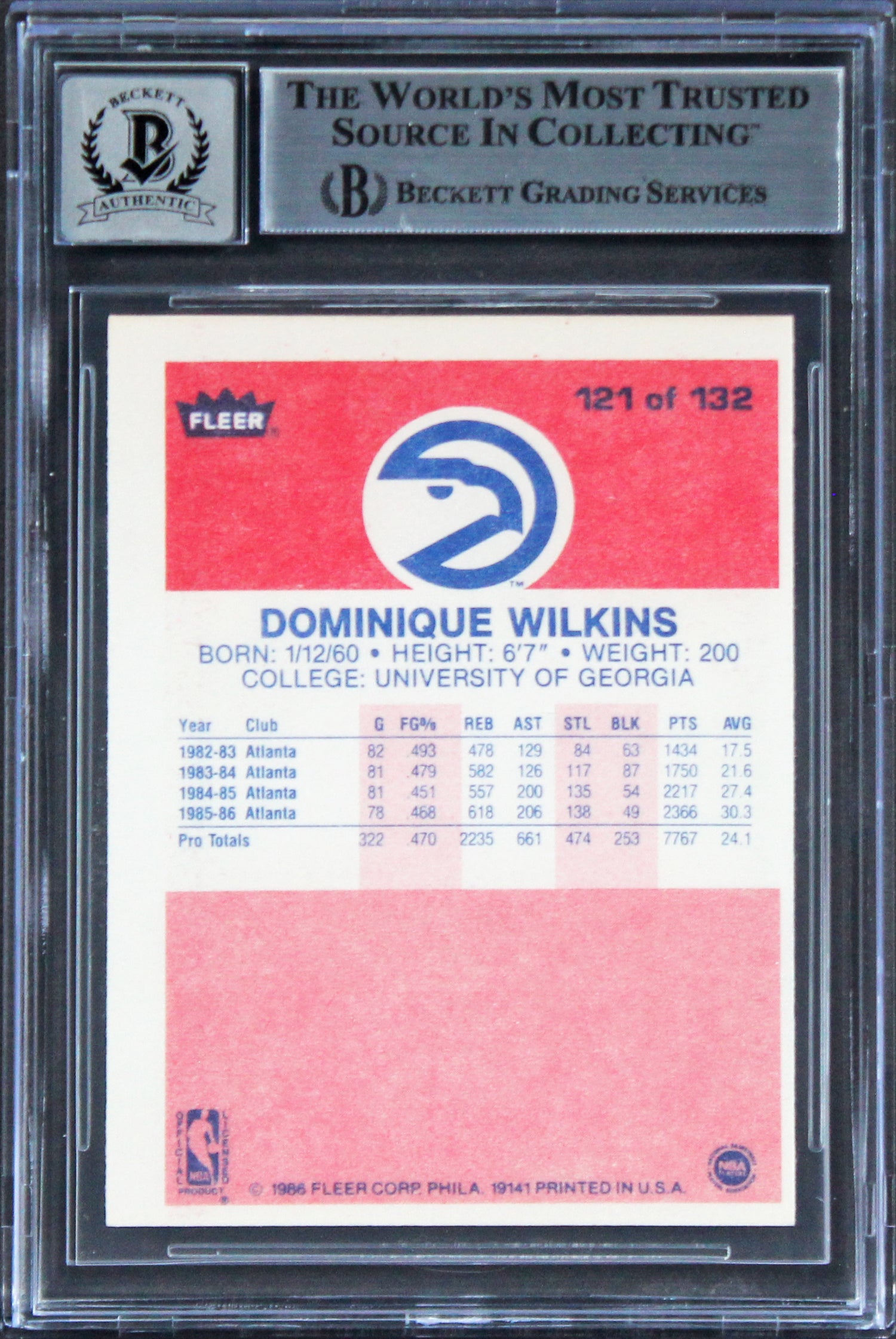 Hawks Dominique Wilkins "HOF" Signed 1986 Fleer #121 RC Card Auto 10! BAS Slab 1