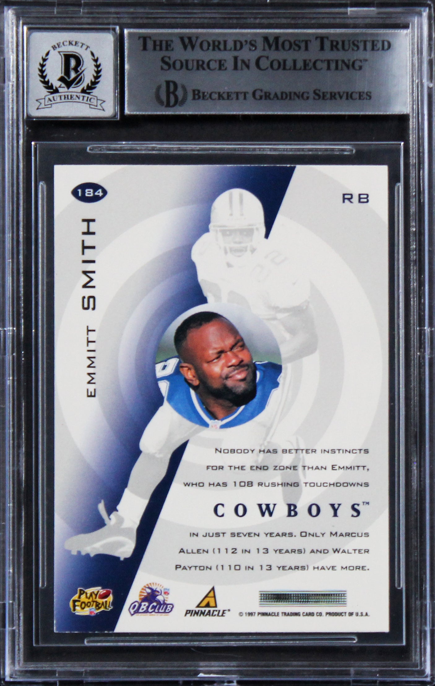 Cowboys Emmitt Smith Signed 1997 Pinnacle #184 Card Auto 10! BAS Slabbed