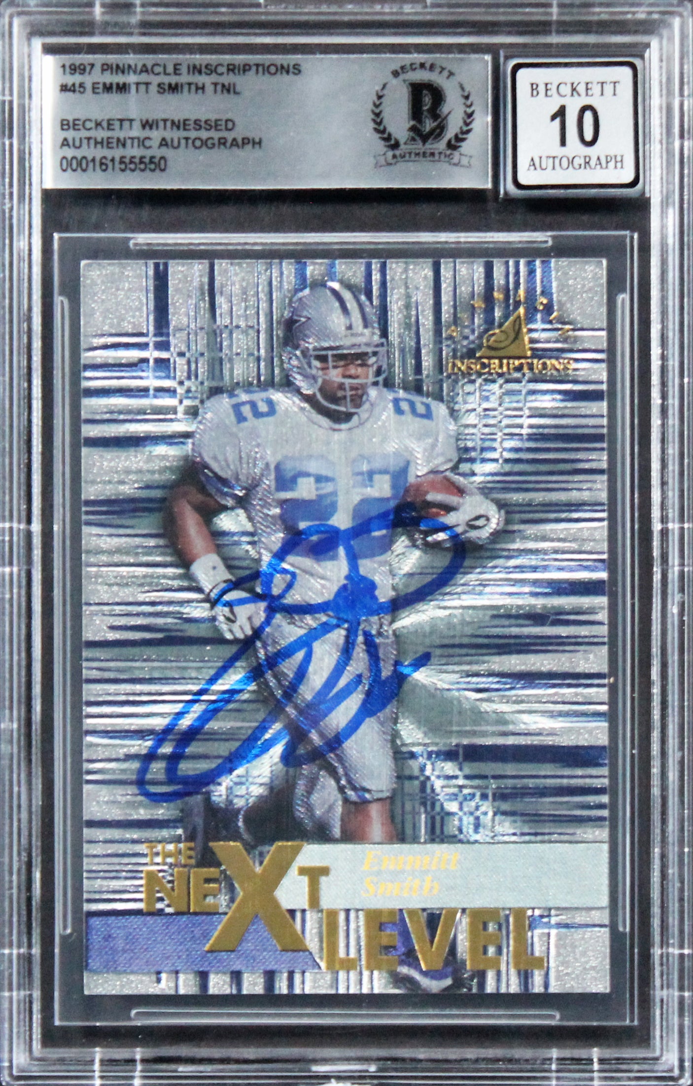 Cowboys Emmitt Smith Signed 1997 Pinnacle Inscriptions #45 Card Auto 10 BAS Slab