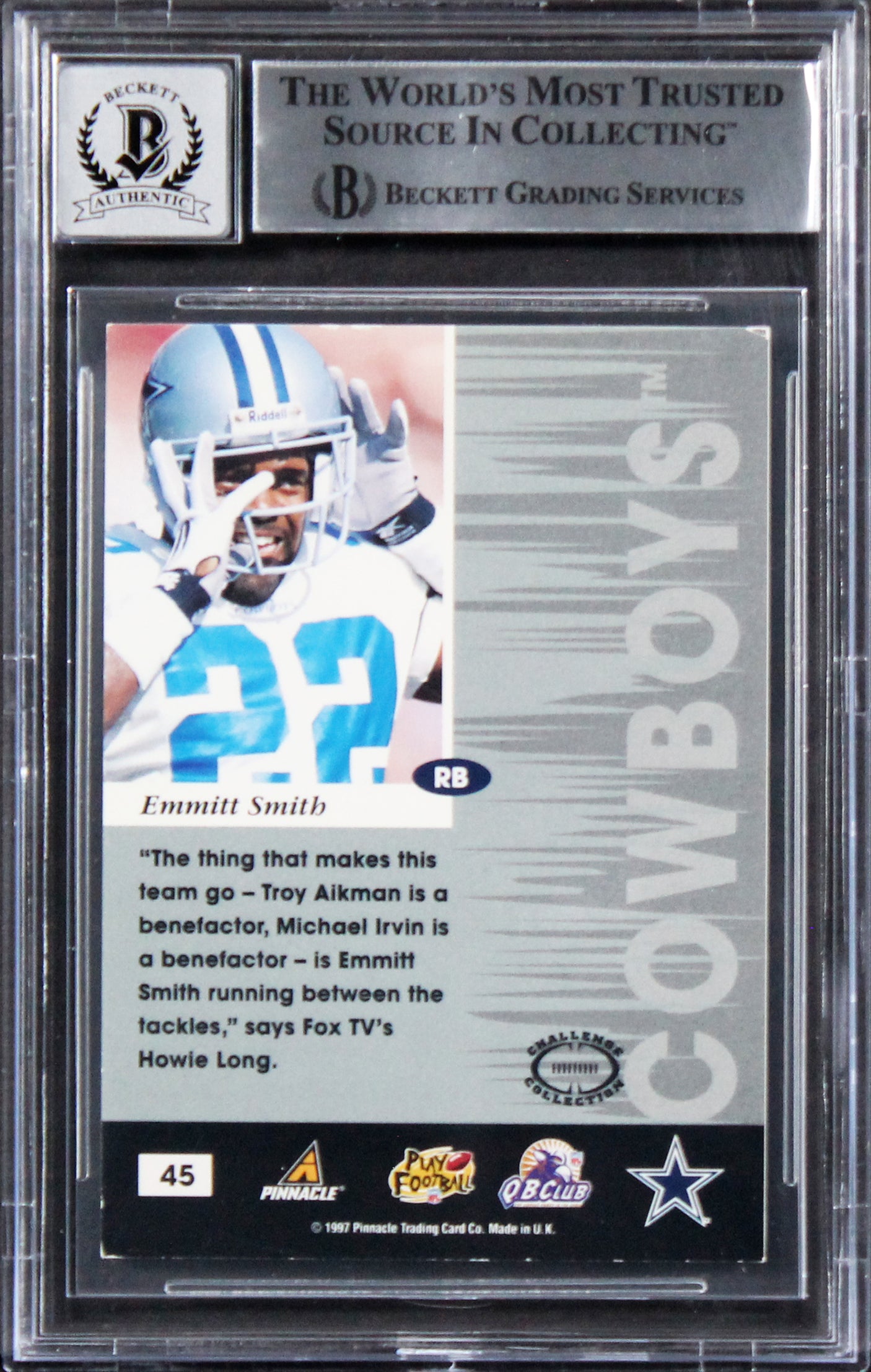 Cowboys Emmitt Smith Signed 1997 Pinnacle Inscriptions #45 Card Auto 10 BAS Slab