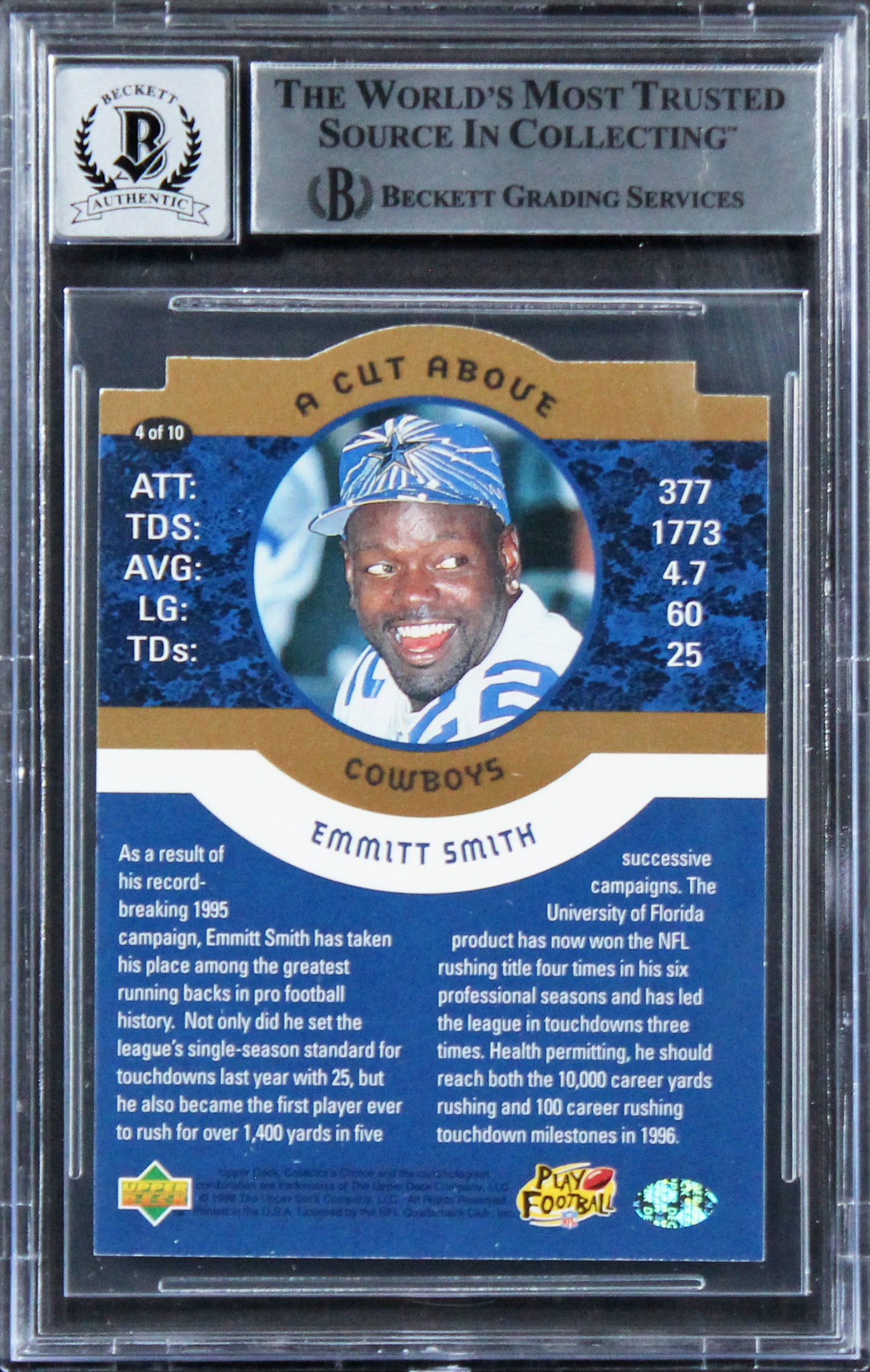 Cowboys Emmitt Smith Signed 1996 Collector's Choice #4 Card Auto 10! BAS Slabbed