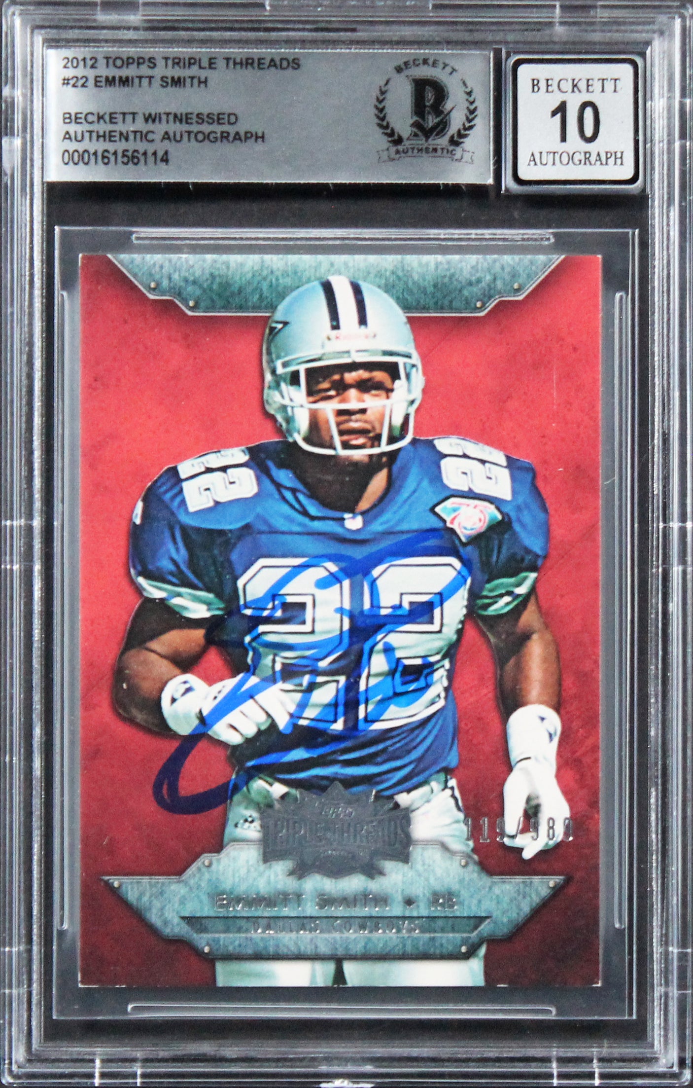 Cowboys Emmitt Smith Signed 2012 Topps Triple Threads #22 Card Auto 10! BAS Slab