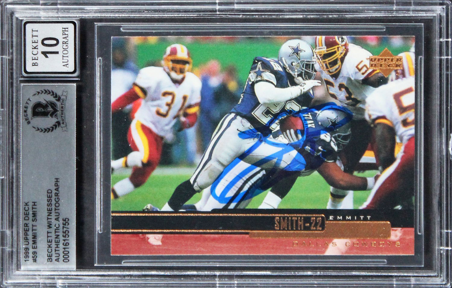 Cowboys Emmitt Smith Signed 1999 Upper Deck #59 Card Auto 10! BAS Slabbed