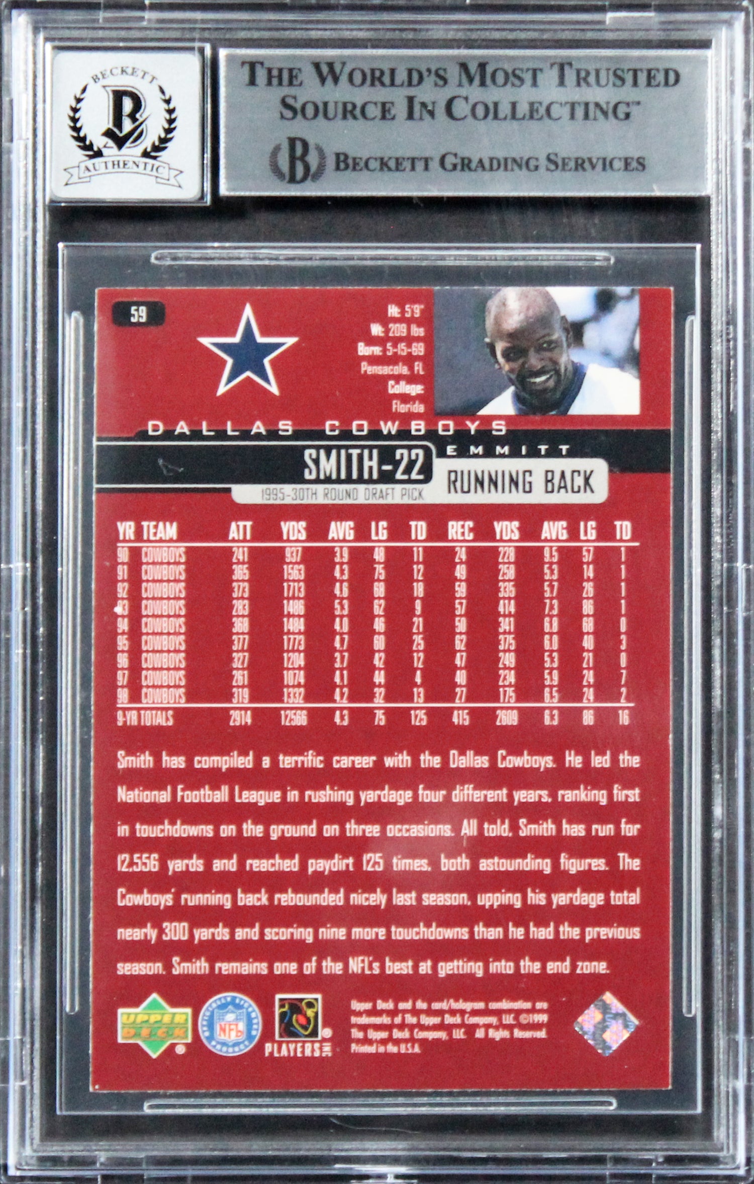 Cowboys Emmitt Smith Signed 1999 Upper Deck #59 Card Auto 10! BAS Slabbed