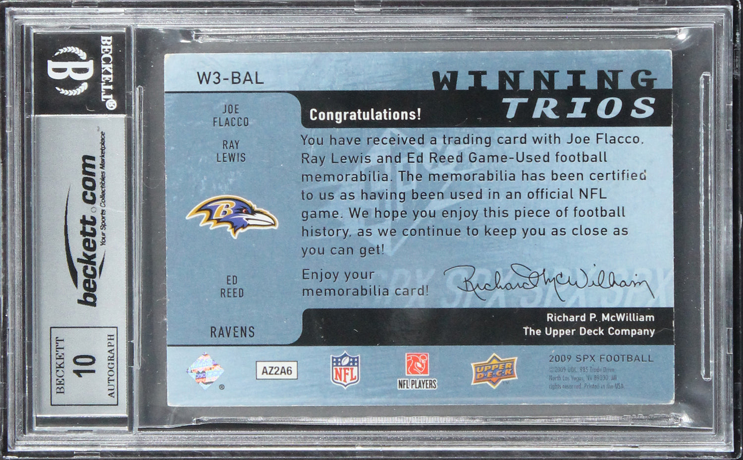 (3) Flacco, Lewis & Reed Signed 2009 SPX Trios #BAL #23/25 Card Auto 10 BAS Slab