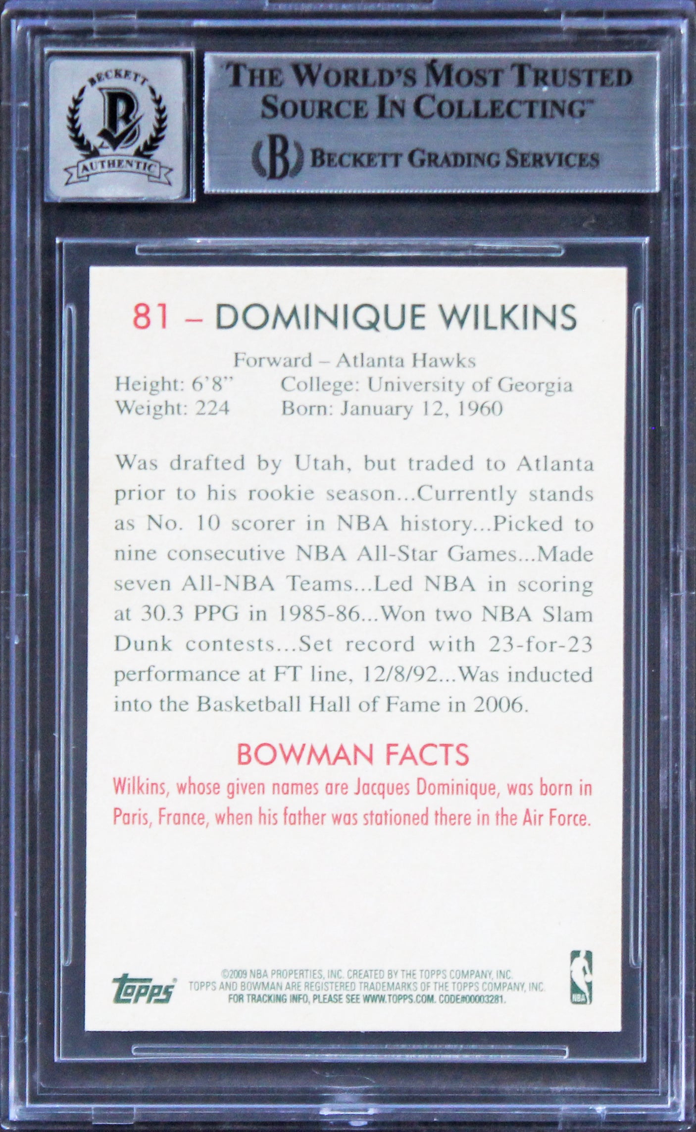 Hawks Dominique Wilkins Signed 2009 Bowman 48 #81 Card Auto 10! BAS Slabbed