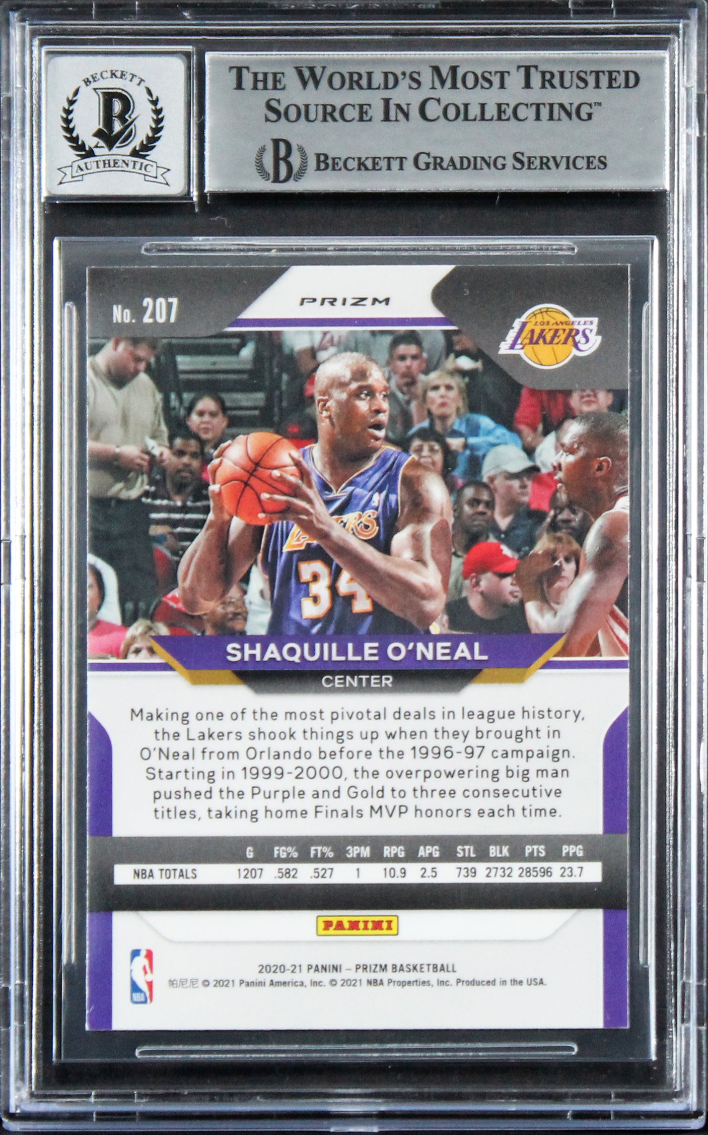 Lakers Shaquille O'Neal Signed 2020 Panini Prizm OI #207 Card Auto 10! BAS Slab