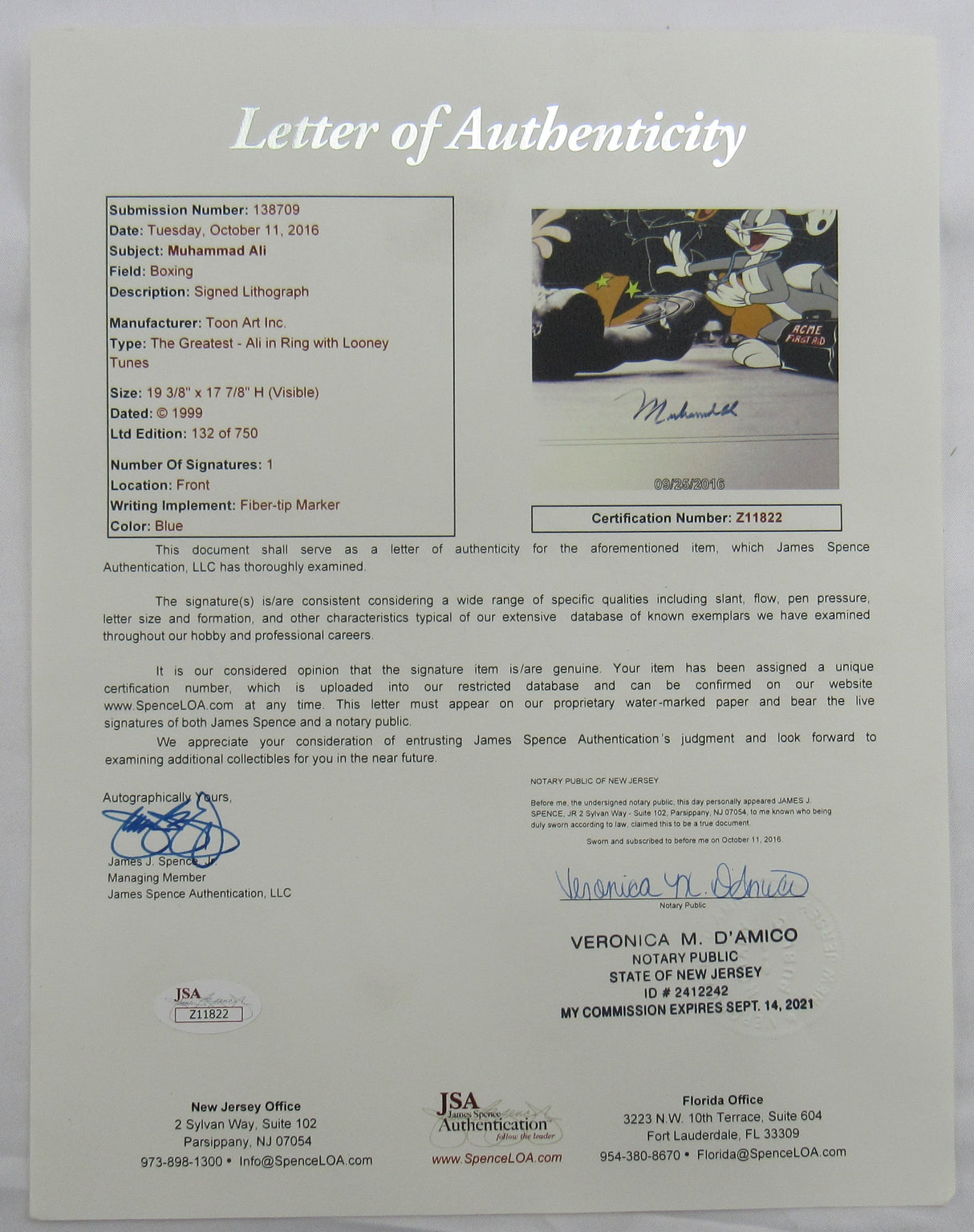 Muhammad Ali Signed Auto 20x18 Looney Tunes Lithograph #132/750 JSA LOA Z11822