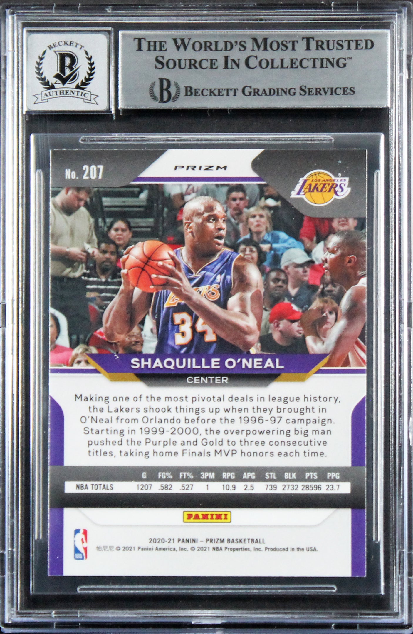 Lakers Shaquille O'Neal Signed 2020 Panini Prizm RW&B #207 Card Auto 10 BAS Slab