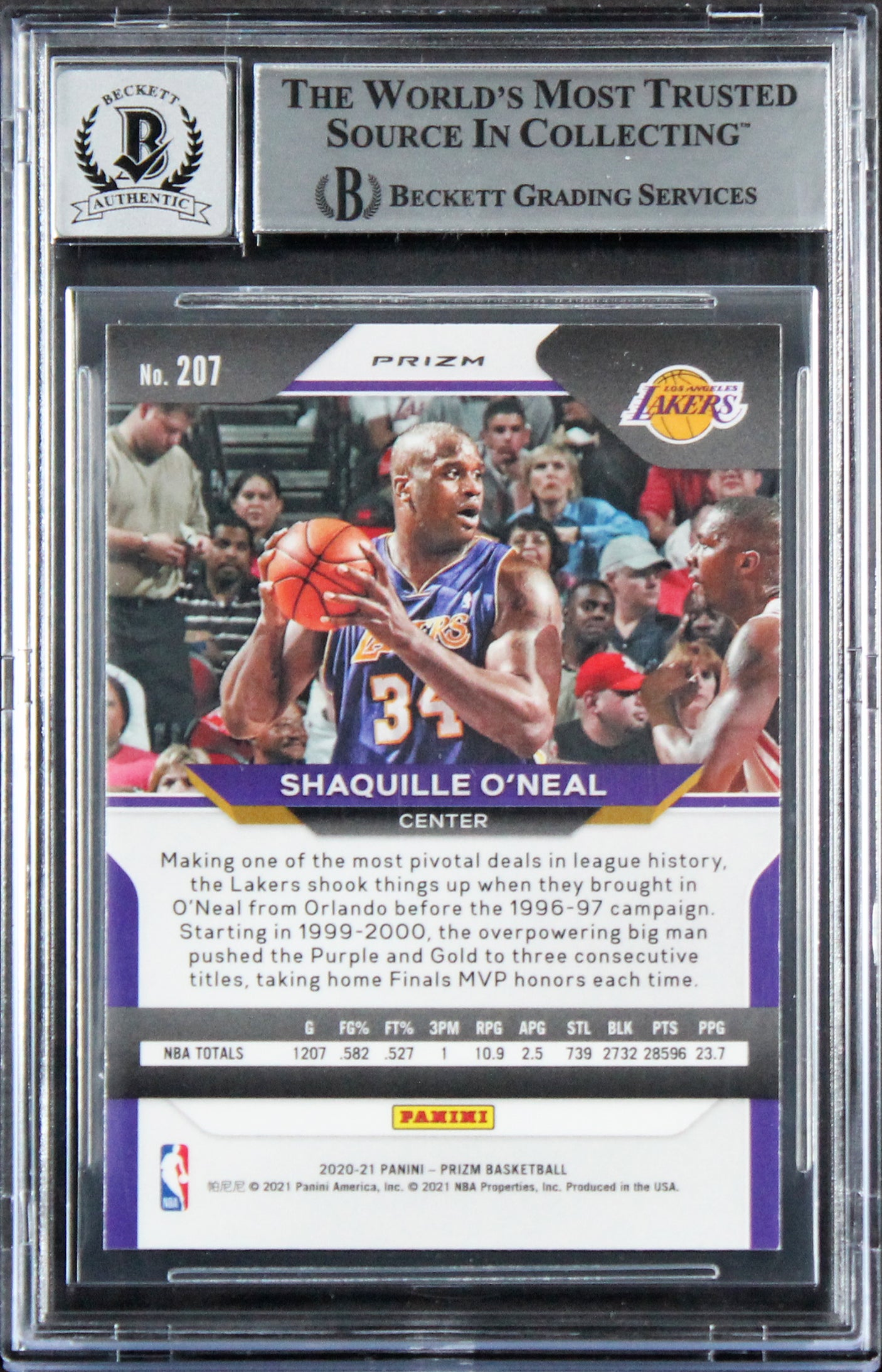 Lakers Shaquille O'Neal Signed 2020 Panini Prizm RI #207 Card Auto 10! BAS Slab
