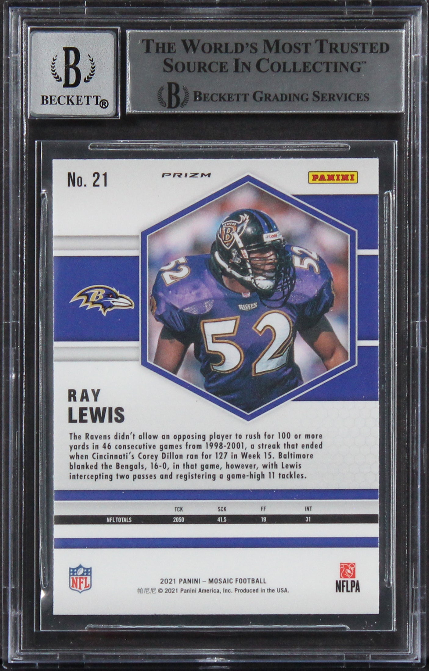Ray Lewis Signed 2021 Panini Mosaic Reactive Orange #21 Card Auto 10 BAS Slabbed
