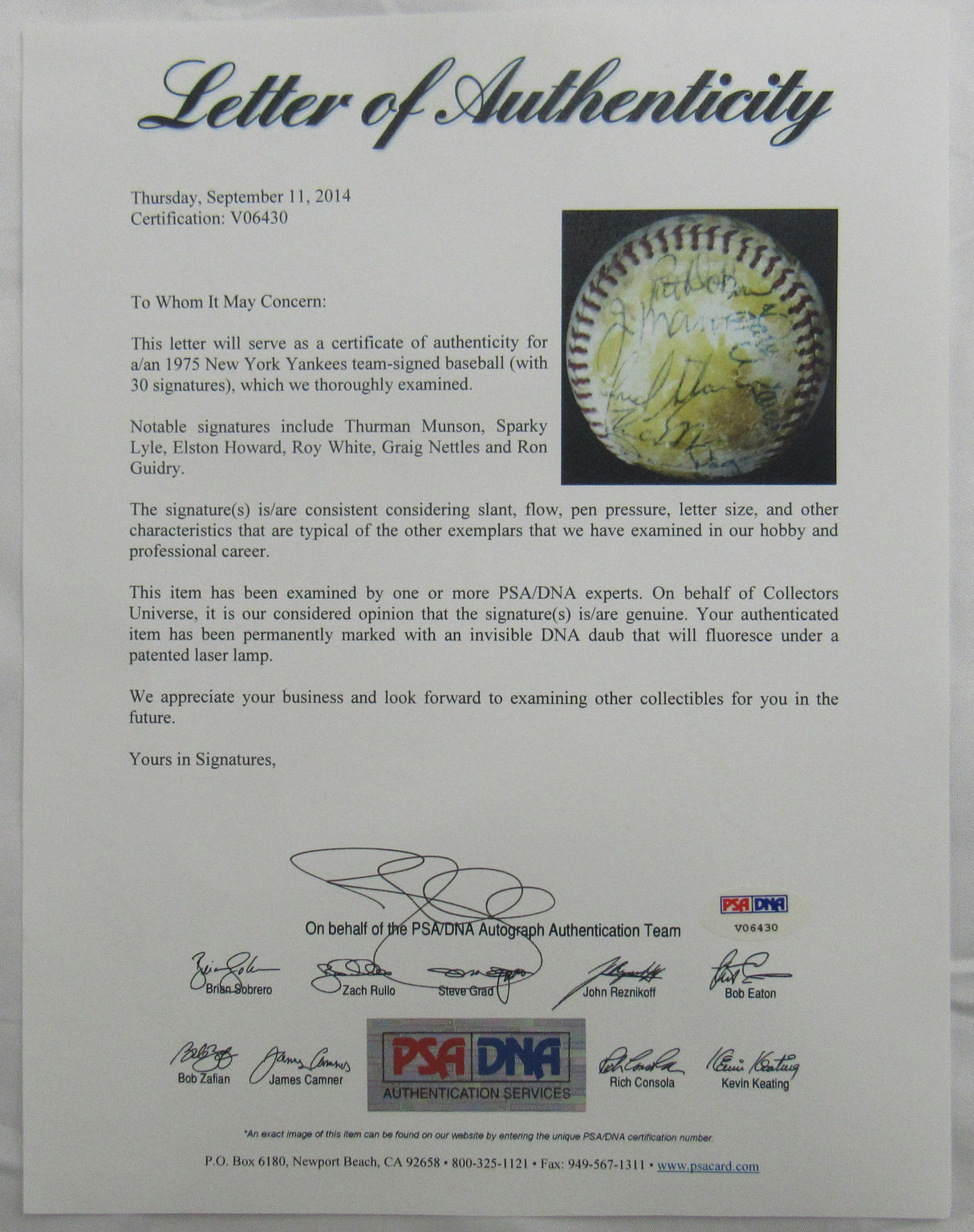 Thurman Munson Elston Howard Sparky Lyle +16 Signed Auto Yankees Team Signed Baseball PSA/DNA LOA V06430