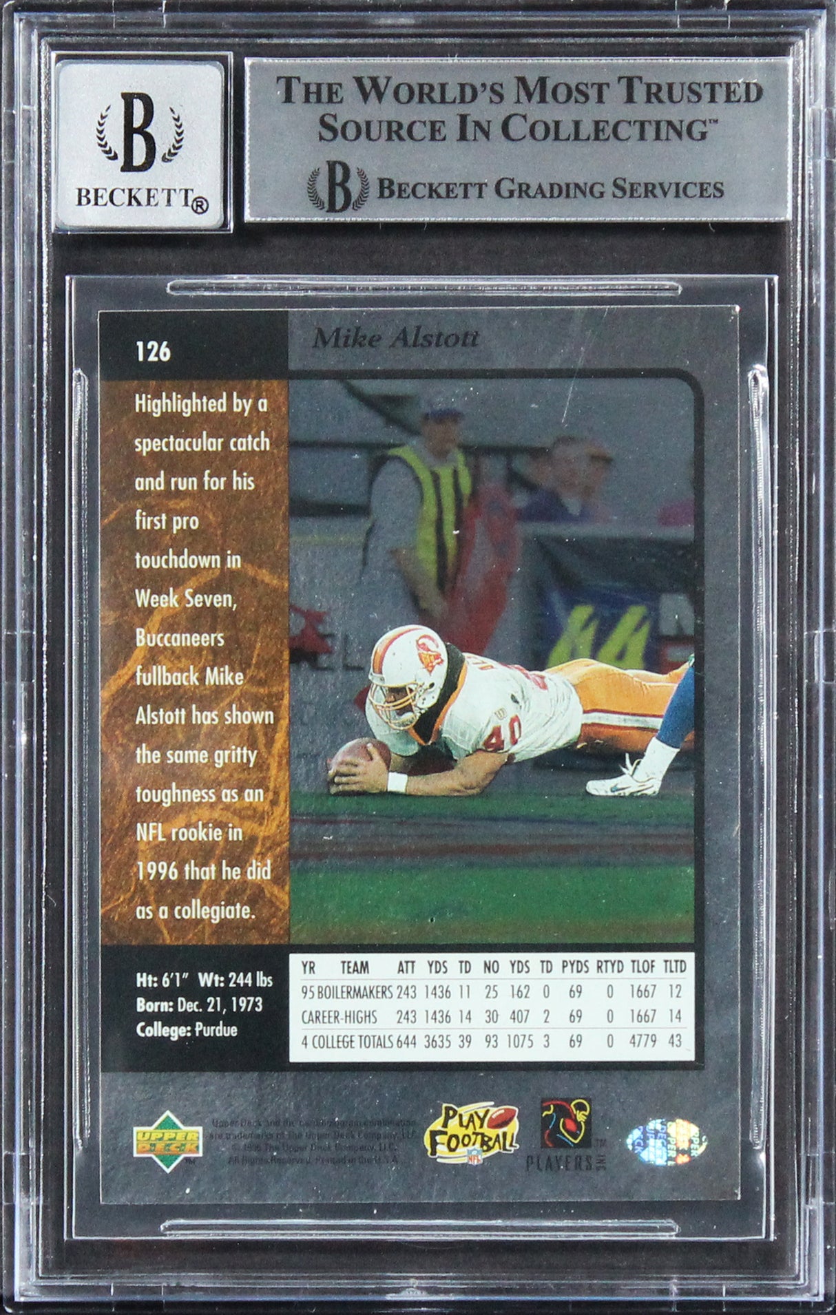 Bucs Mike Alstott "A-Train" Signed 1996 SP #126 Rookie Card Auto 10! BAS Slabbed