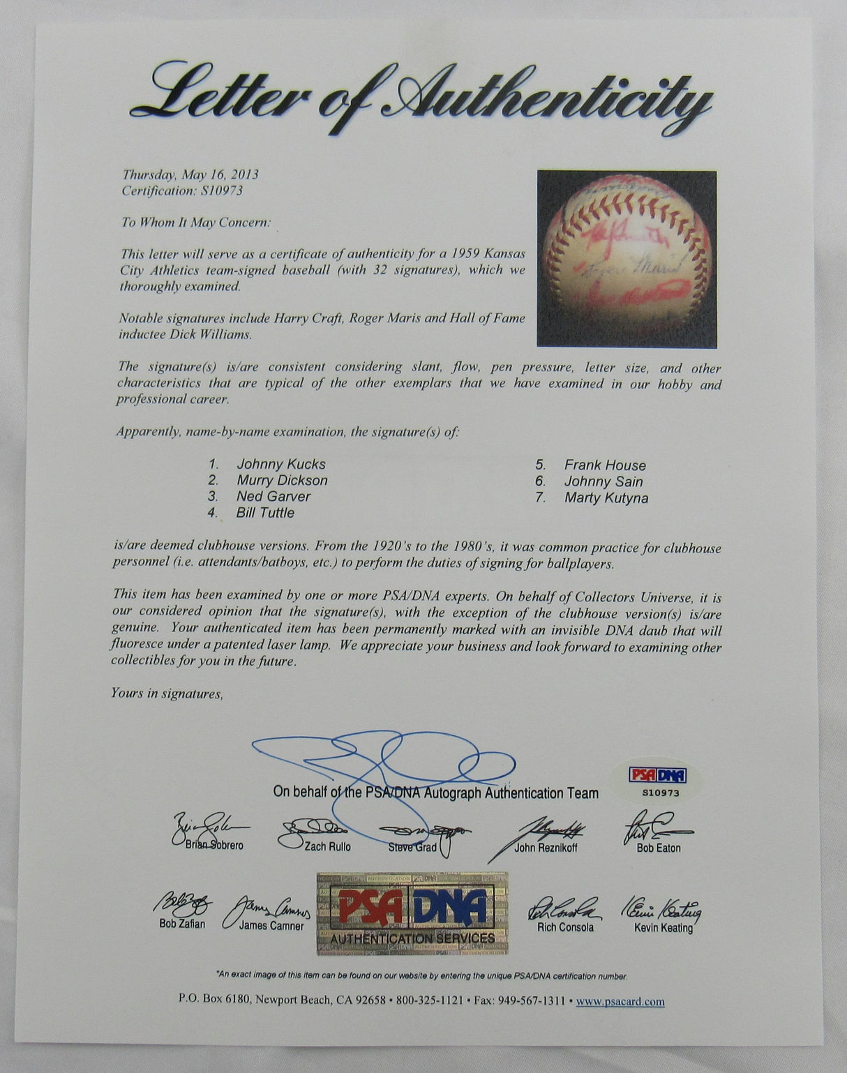 Joe Morgan Dick Williams Roger Maris +29 Signed Auto 1959 Athletics Team Signed Baseball PSA/DNA LOA S10973