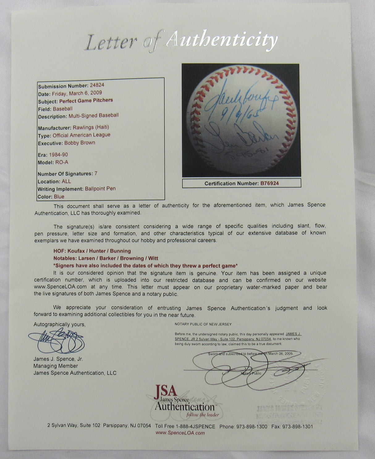 Sandy Koufax Jim Hunter Jim Bunning +4 Signed Auto Baseball JSA LOA B76924