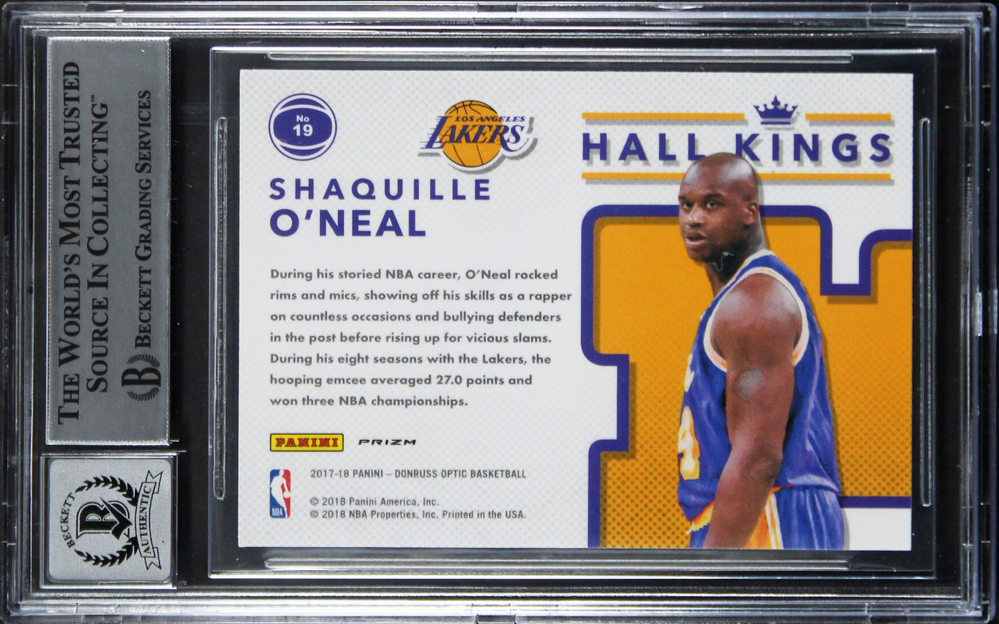 Lakers Shaquille O'Neal Signed 2017 Donruss Optic HK #19 Card Auto 10! BAS Slab
