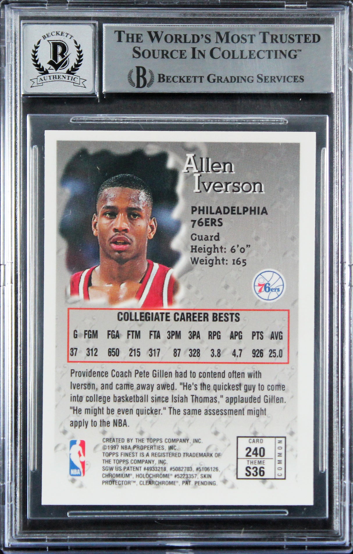 76ers Allen Iverson Signed 1996 Finest #240 Rookie Card Auto 10! BAS Slabbed
