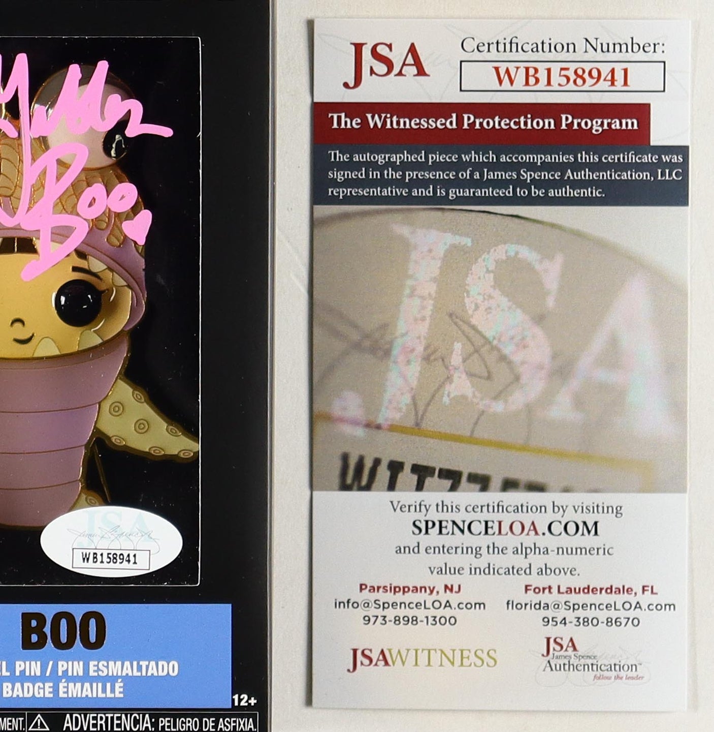 Mary Gibbs Signed "Monster's Inc." #09 Pop! Enamel Pin Inscribed "Boo" (JSA)