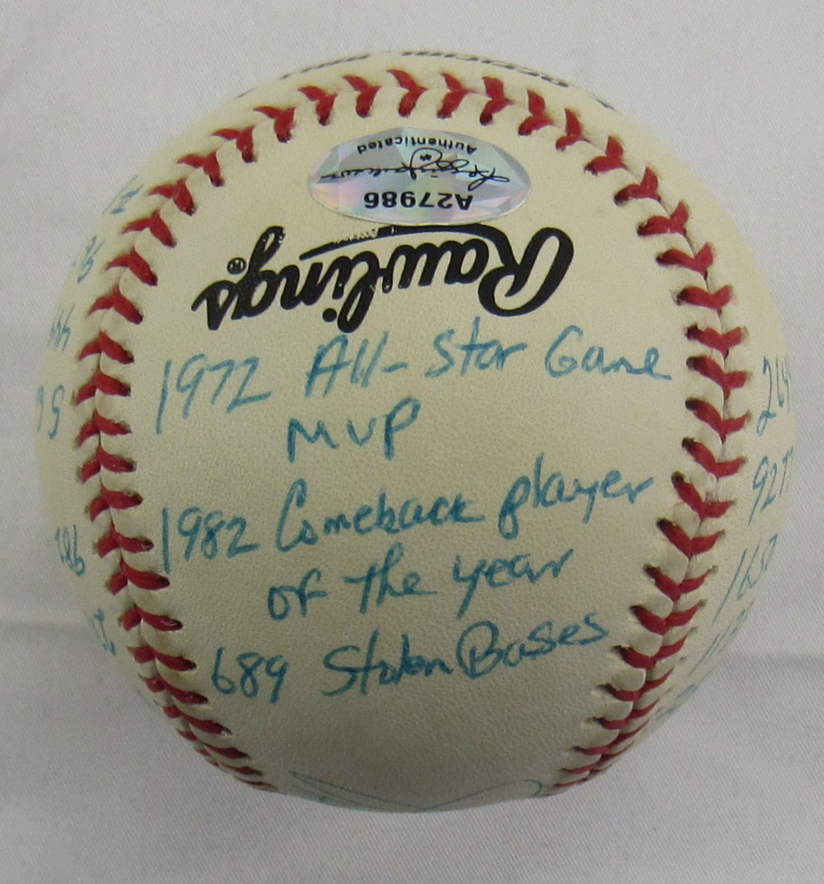 Joe Morgan Signed Auto Rawlings Stat Baseball Reggie Jackson COA A27986