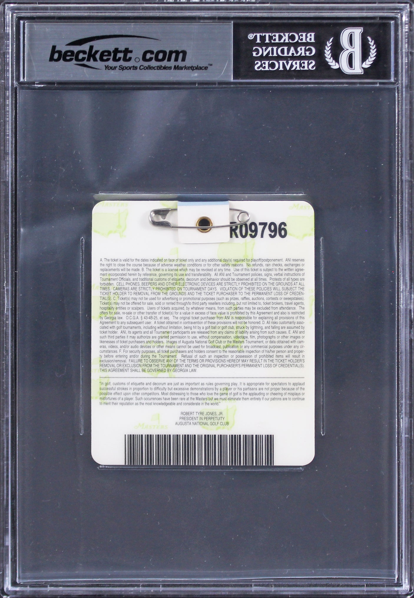 Zach Johnson Signed 2007 Masters Augusta National Club Badge Ticket BAS Slabbed