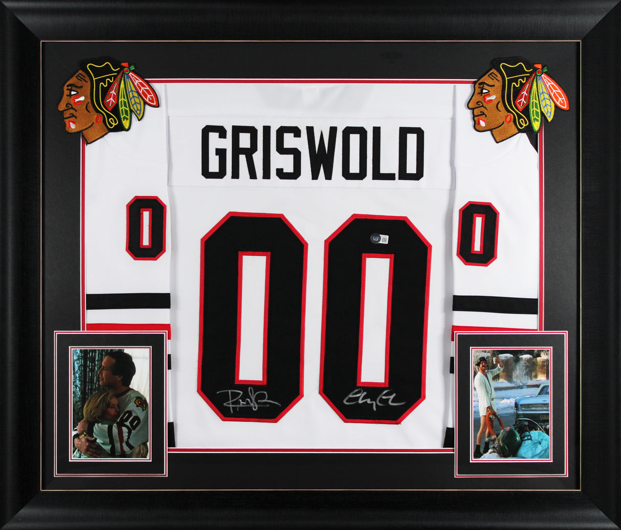 Chevy Chase & Randy Quaid Christmas Vacation Signed White Framed Jersey BAS Wit