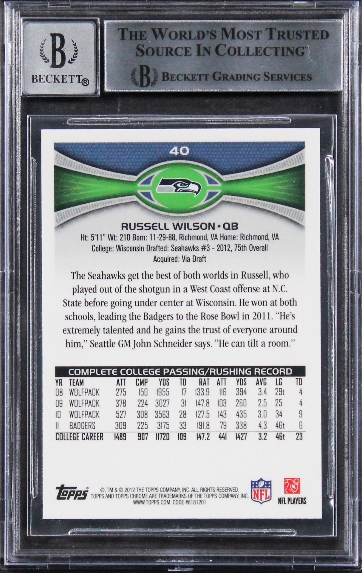 Seahawks Russell Wilson Signed 2012 Topps Chrome #40A RC Card Auto 10! BAS Slab