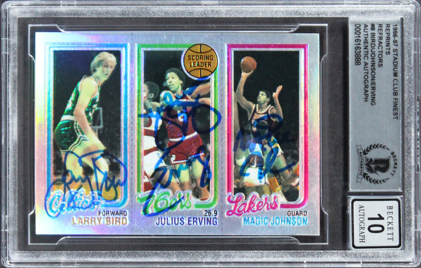 Bird, Erving & Magic Signed 1996 SC Finest Refractors #8 Card Auto 10 PSA Slab