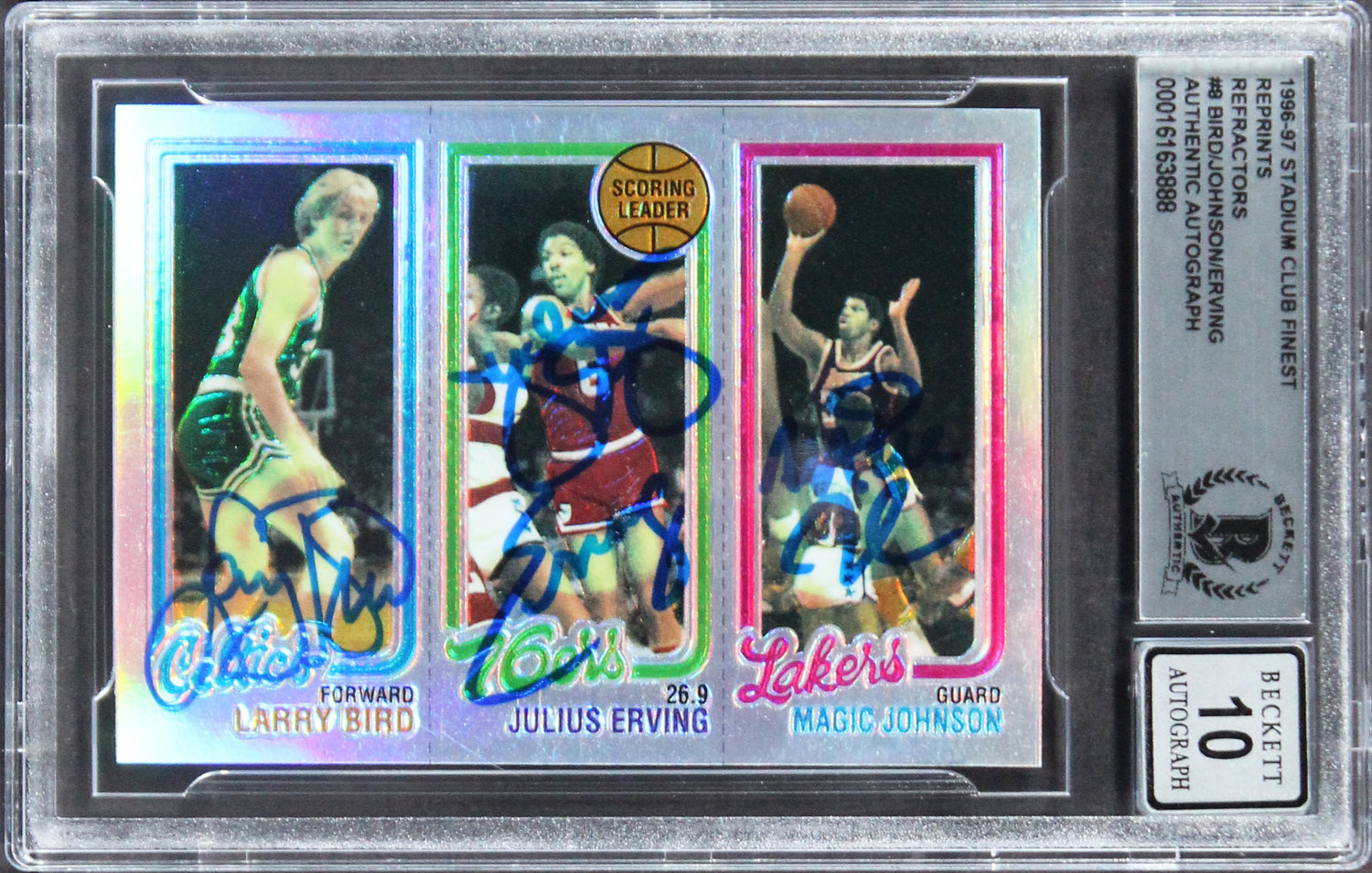 Bird, Erving & Magic Signed 1996 SC Finest Refractors #8 Card Auto 10 PSA Slab