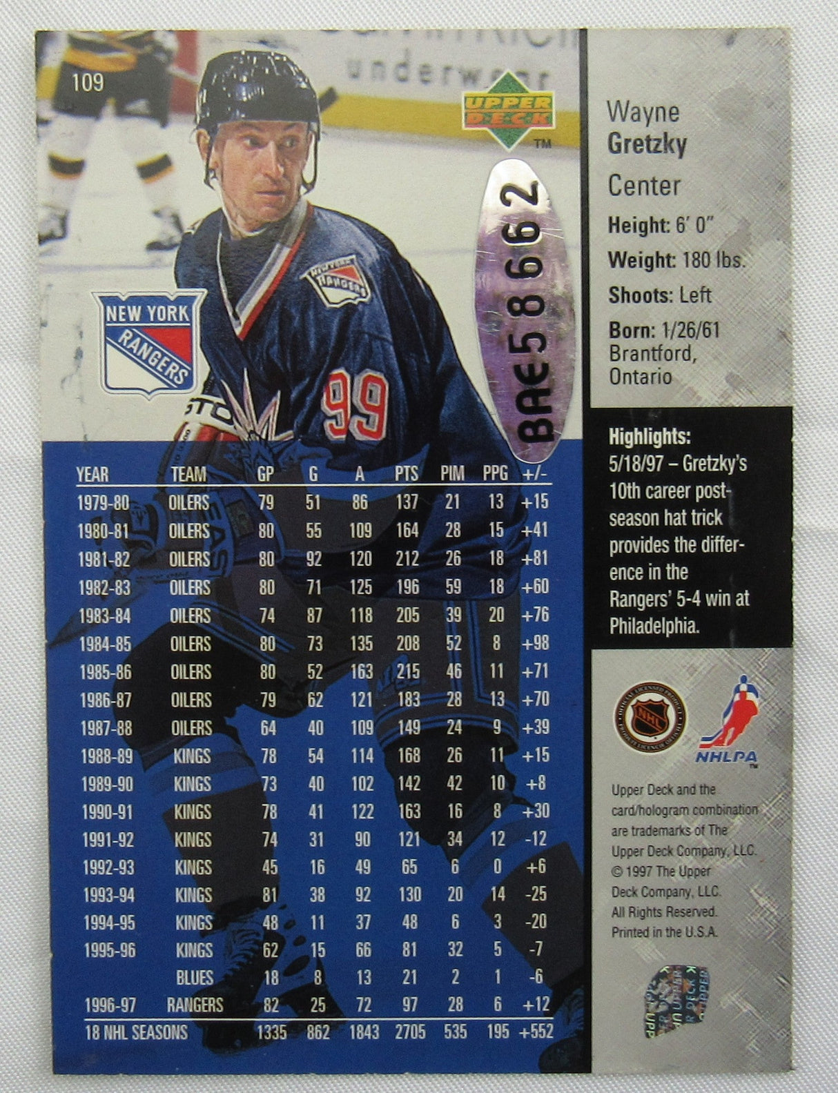 Wayne Gretzky Signed 1997-98 Upper Deck Hockey NHL Card 56/500