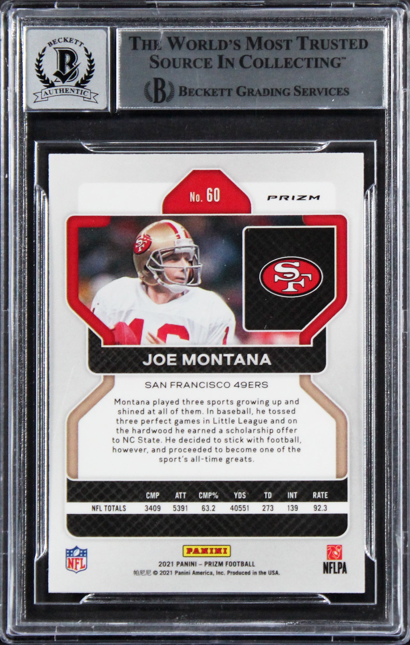 49ers Joe Montana Signed 2021 Panini Prizm RW&B #60 Card Auto 10! BAS Slabbed