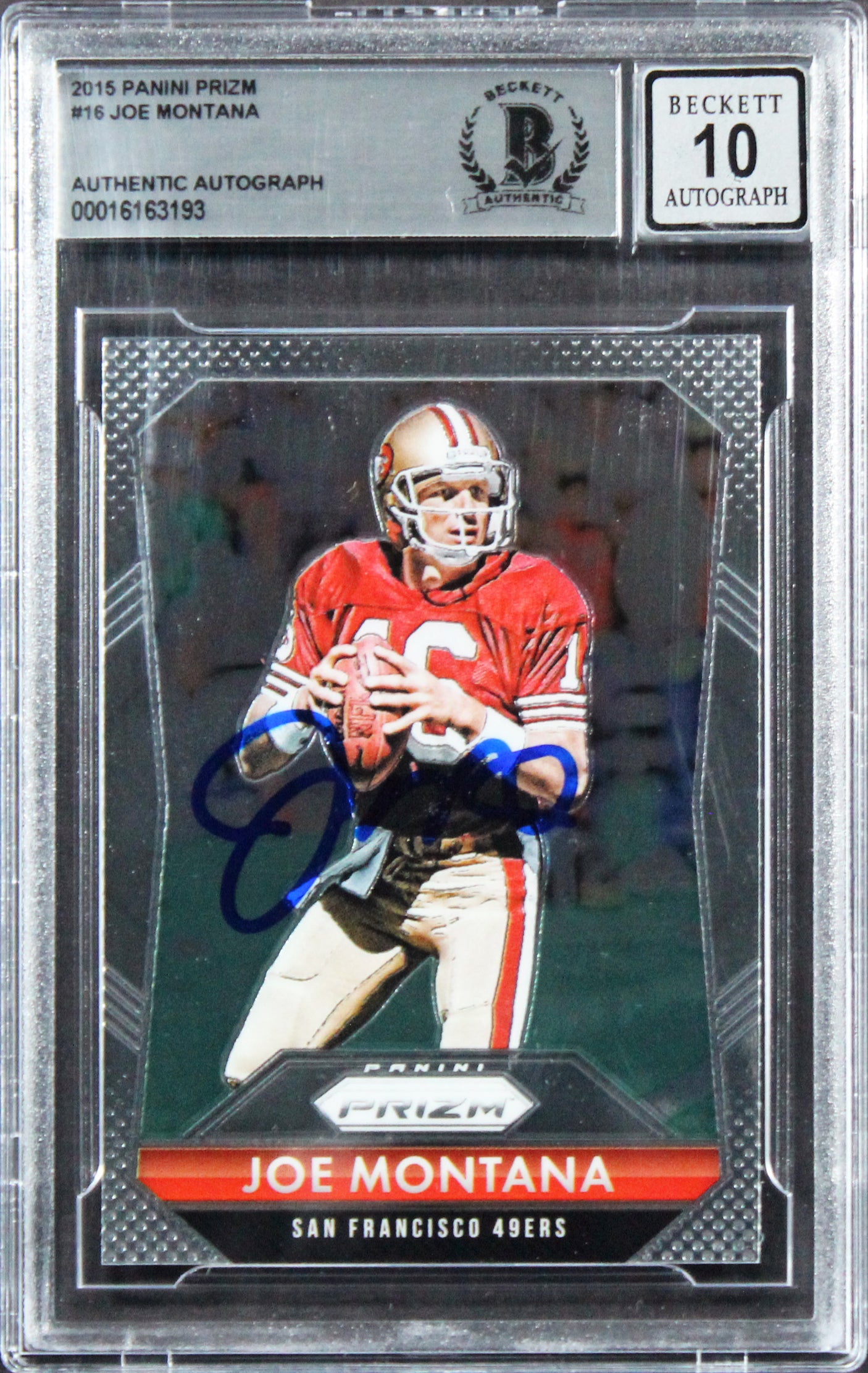 49ers Joe Montana Signed 2015 Panini Prizm #16 Card Auto 10! BAS Slabbed