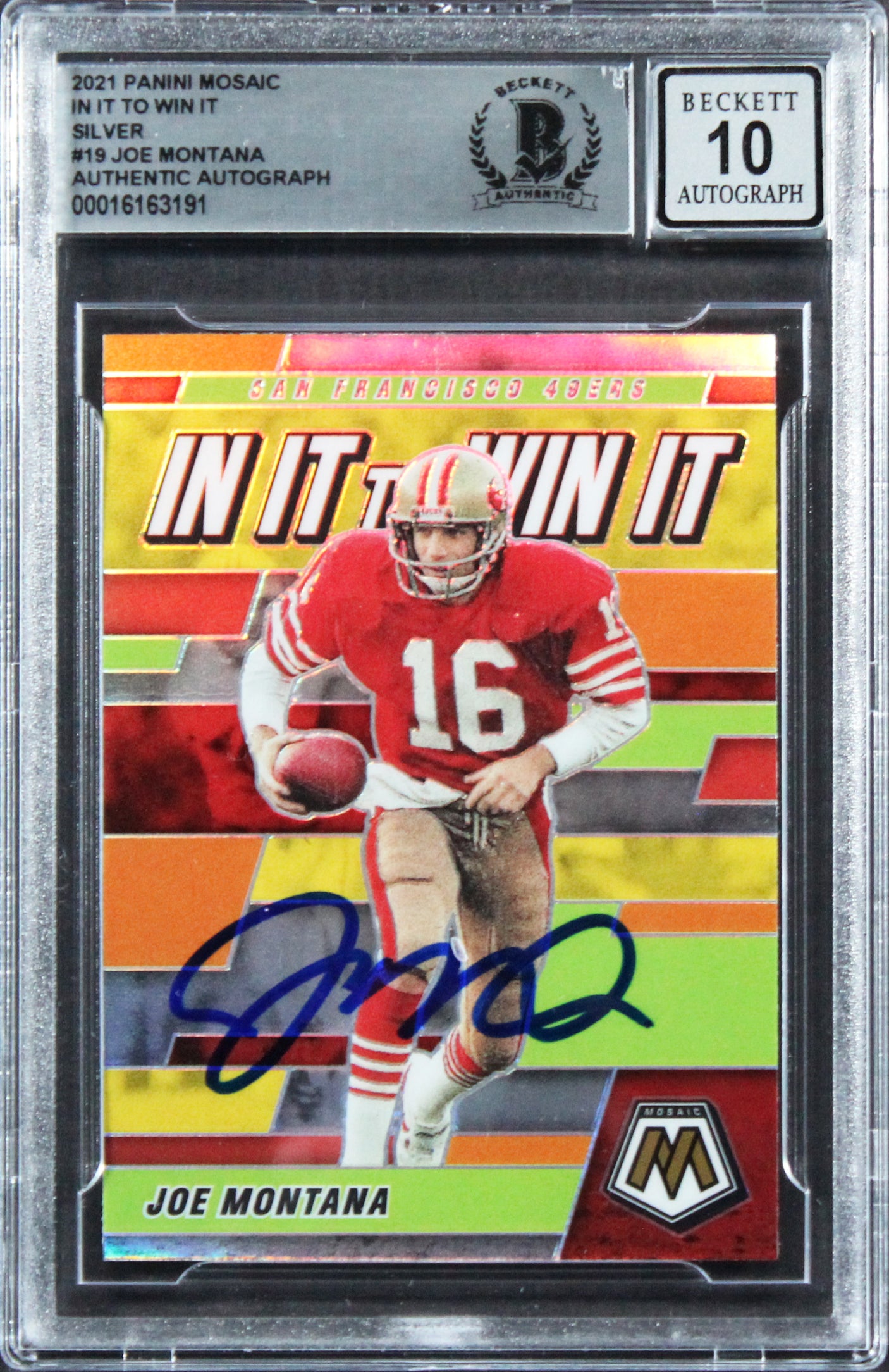49ers Joe Montana Signed 2021 Panini Mosaic Silver #19 Card Auto 10! BAS Slabbed