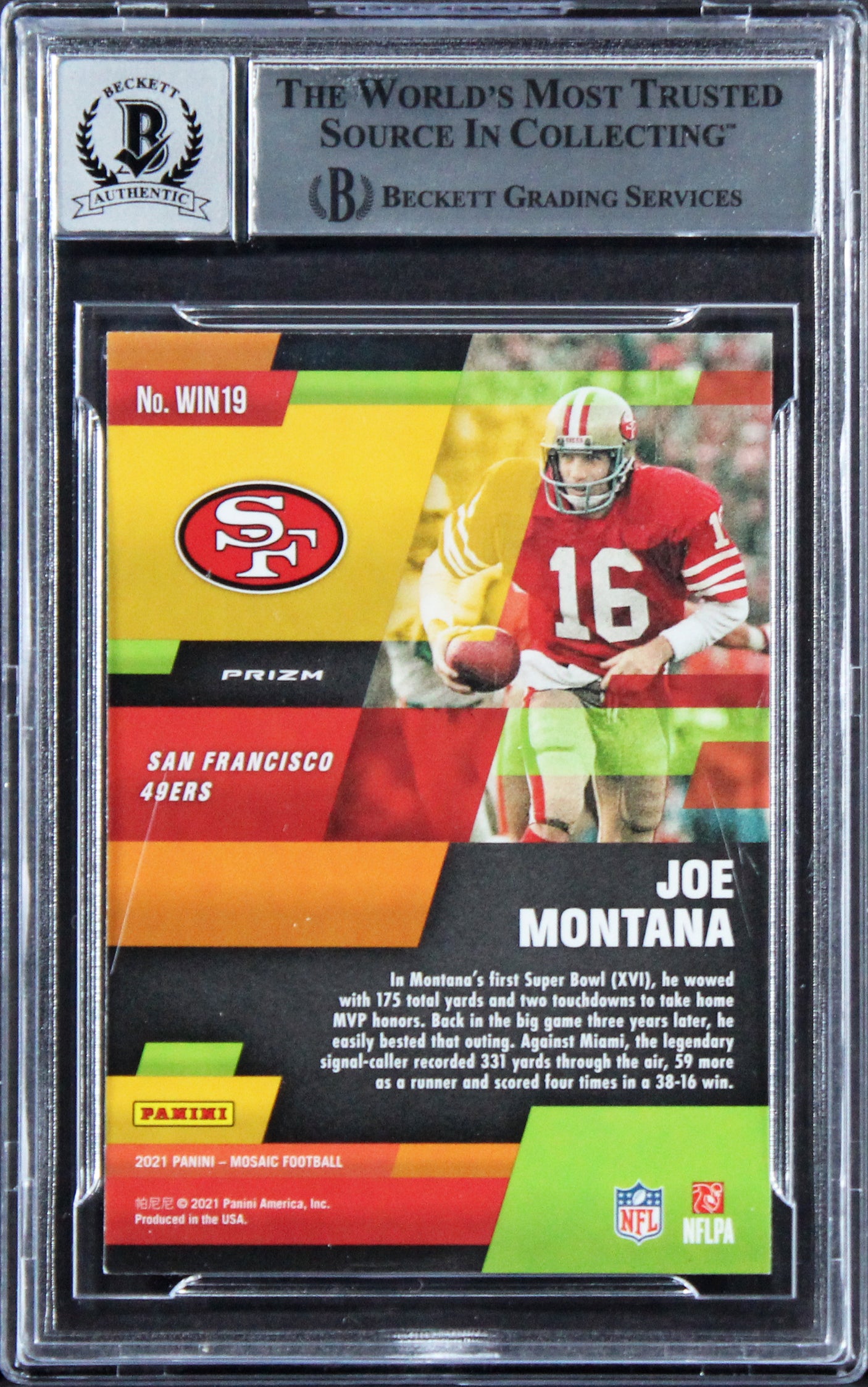 49ers Joe Montana Signed 2021 Panini Mosaic Silver #19 Card Auto 10! BAS Slabbed