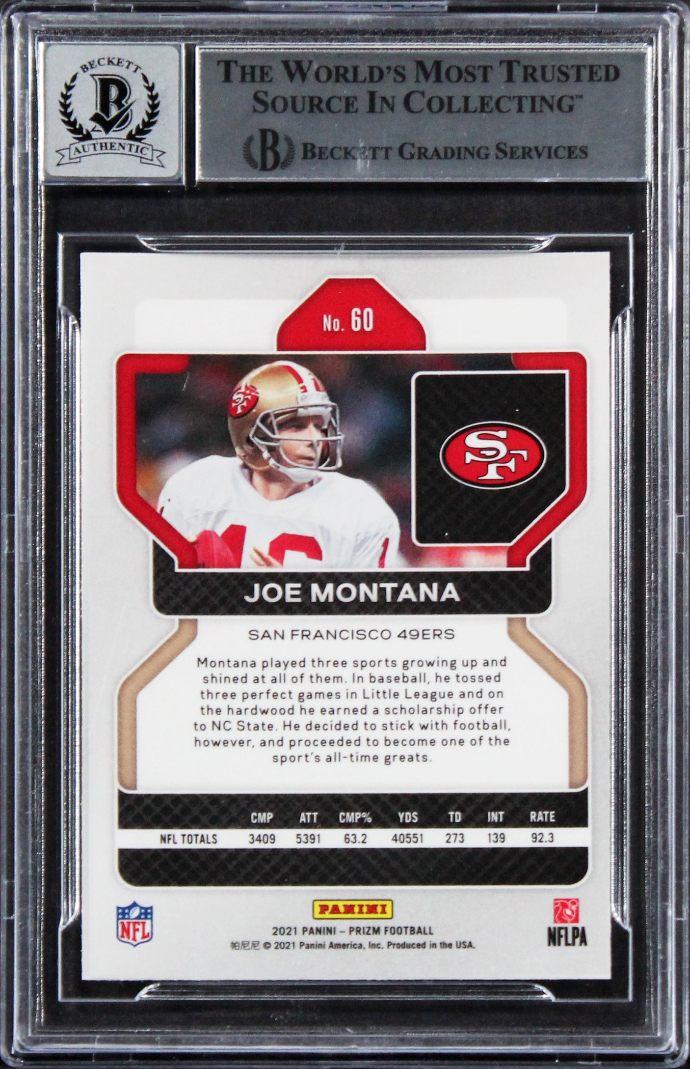 49ers Joe Montana Signed 2021 Panini Prizm #60 Card Auto 10! BAS Slabbed