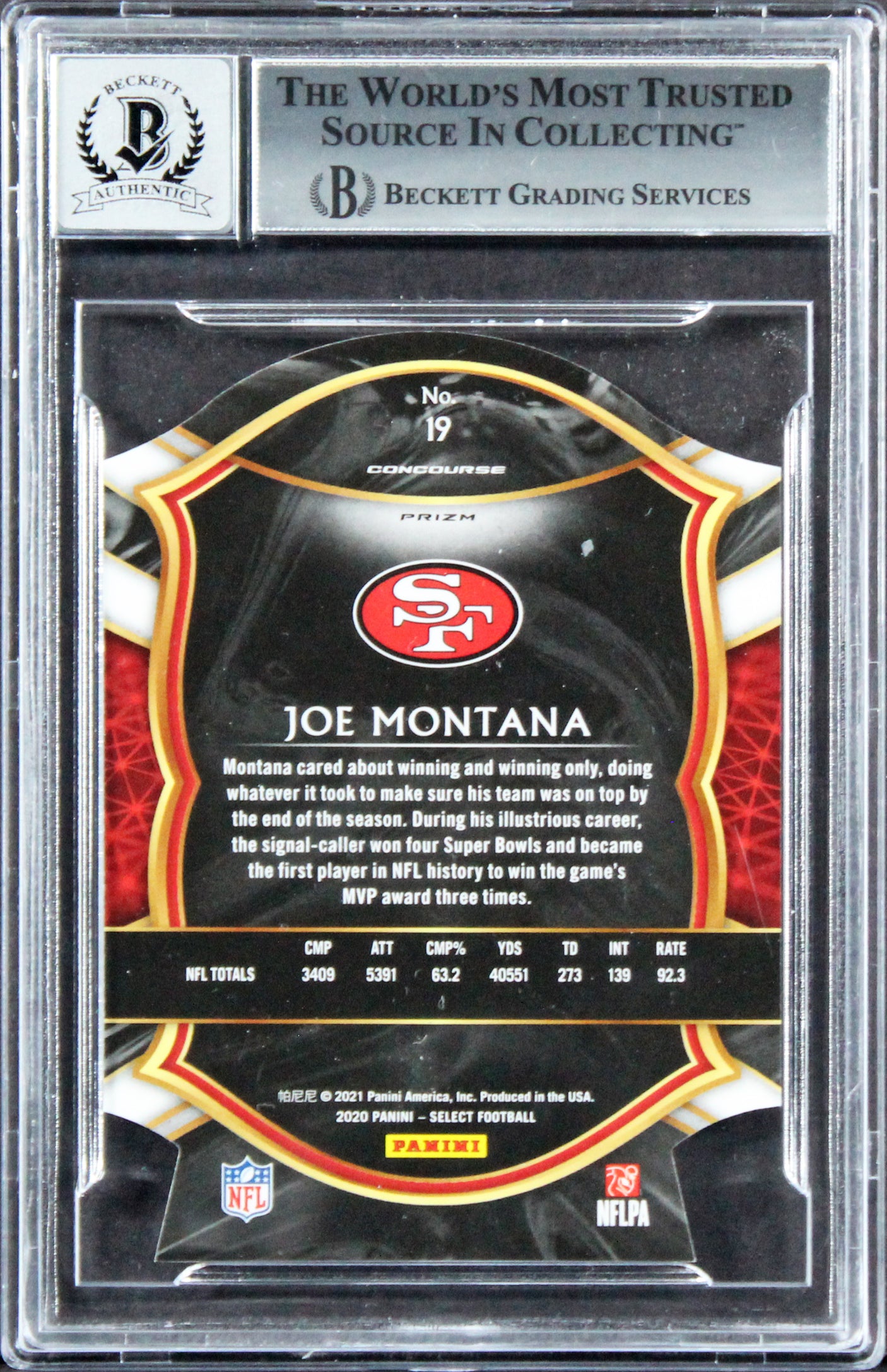 49ers Joe Montana Signed 2020 Select Prizm Orange #19 Card Auto 10! BAS Slabbed