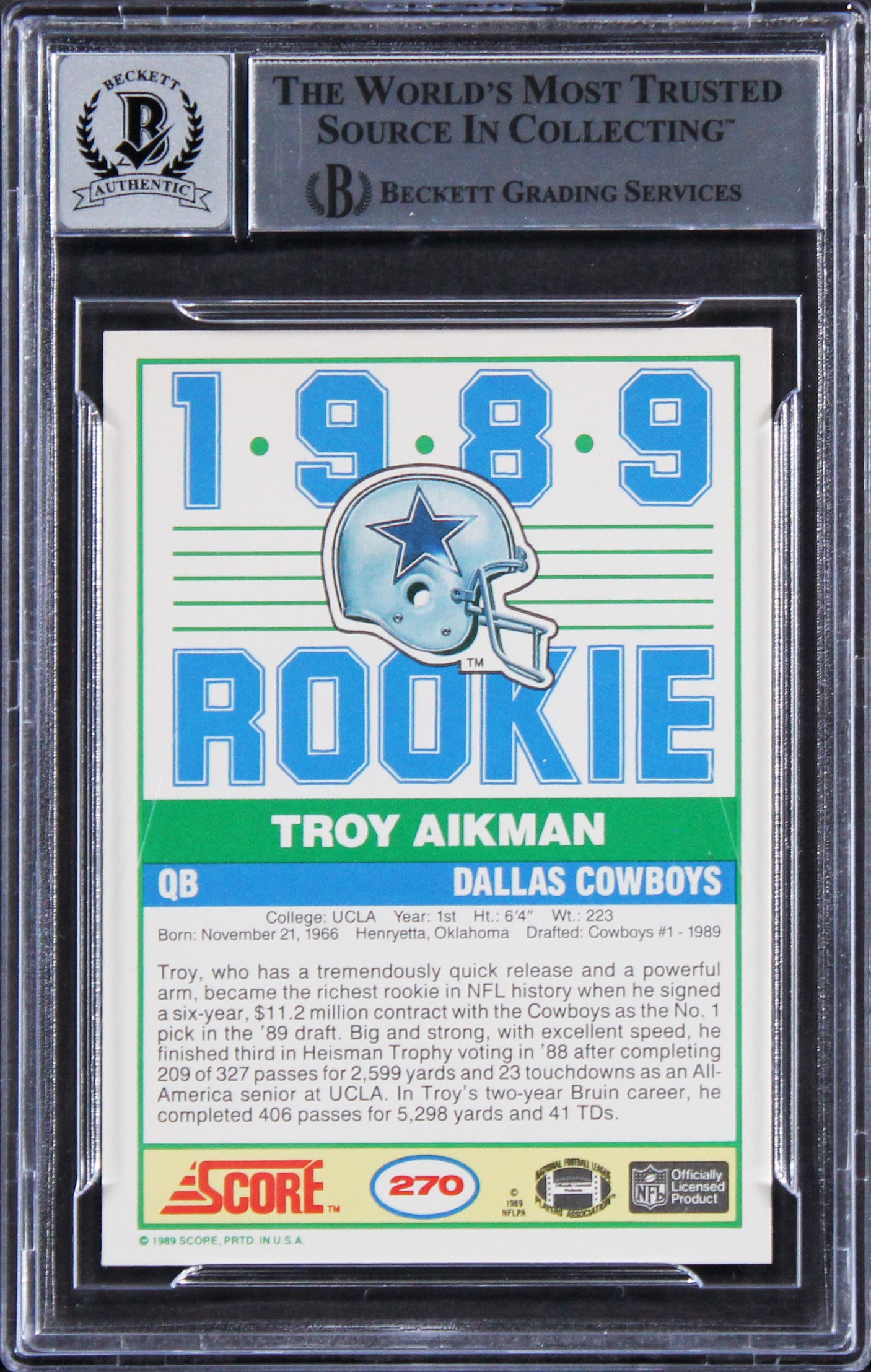 Cowboys Troy Aikman Signed 1989 Score #270 Rookie Card Auto 10! BAS Slabbed
