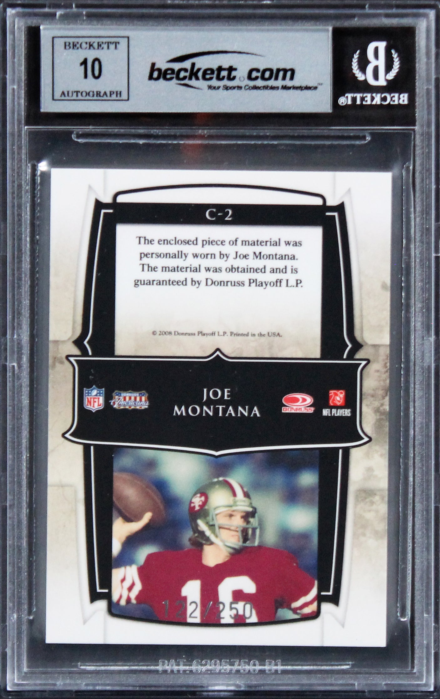 49ers Joe Montana Signed 2008 Donruss SL #2 #122/250 Card Auto 10! BAS Slabbed