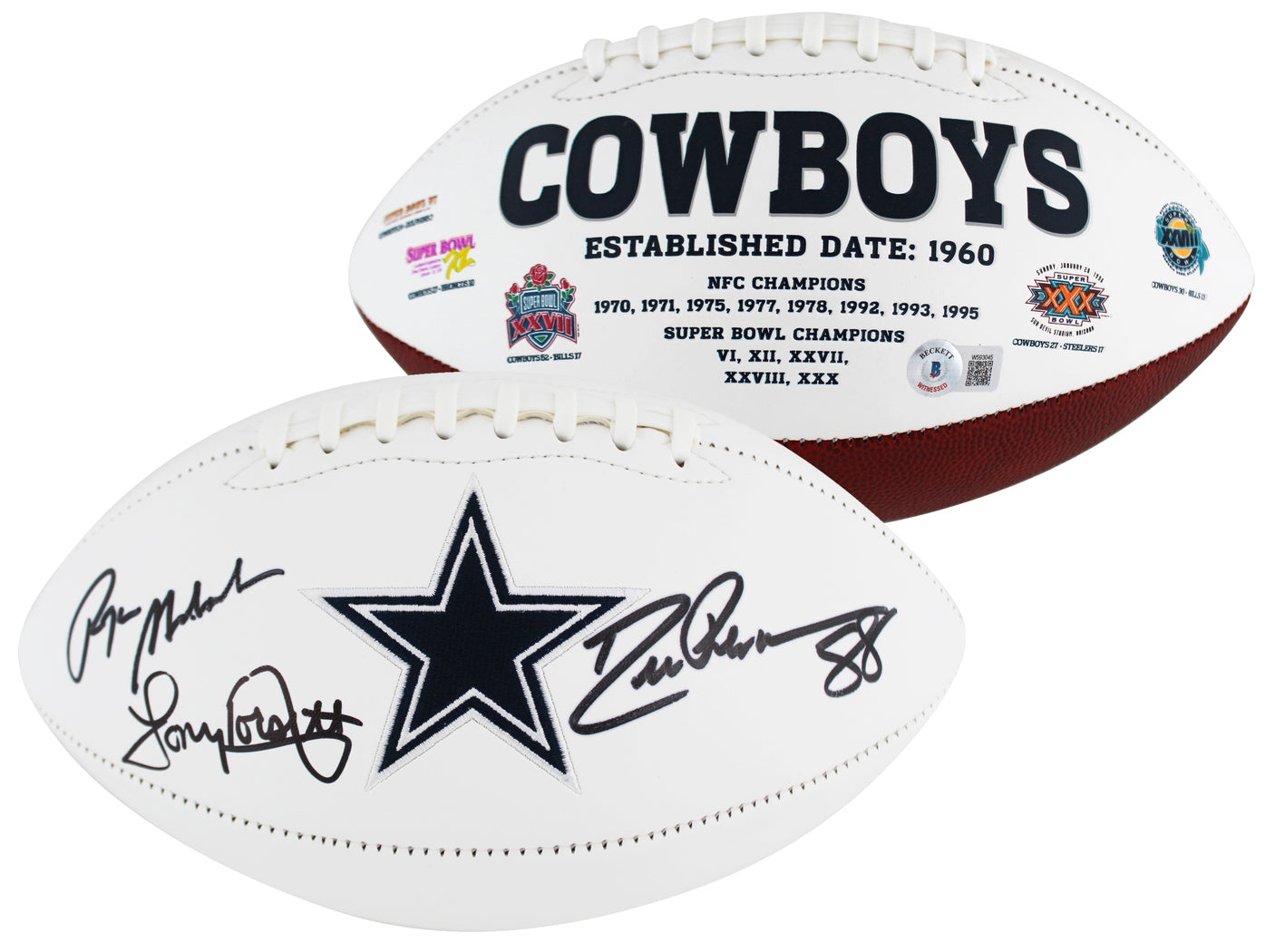Cowboys (3) Staubach, Dorsett & Pearson Signed Football W/ Case BAS Witnessed