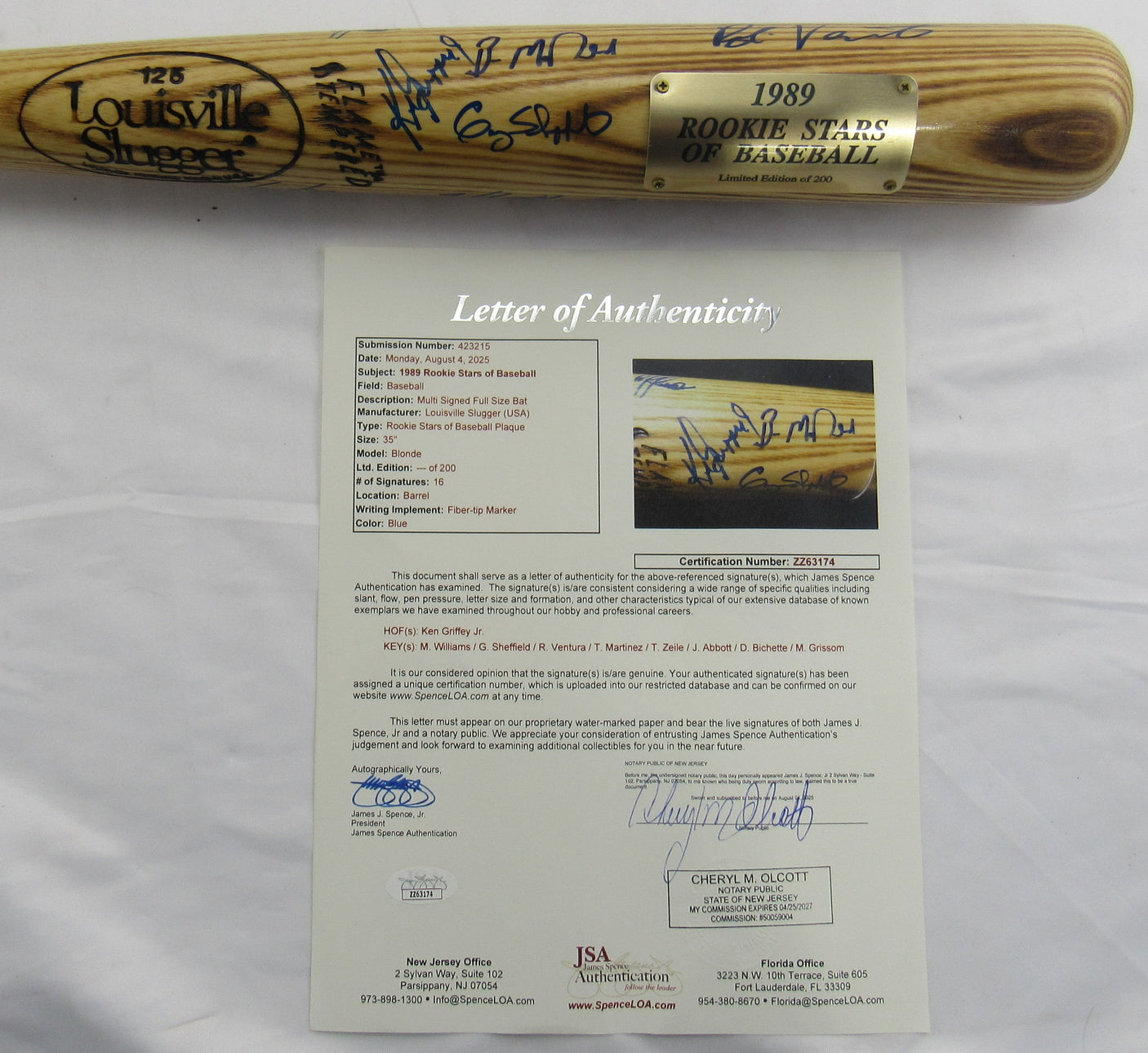 Ken Griffey Jr Gary Sheffield +7 Auto Signed Auto Baseball Bat JSA LOA ZZ63174