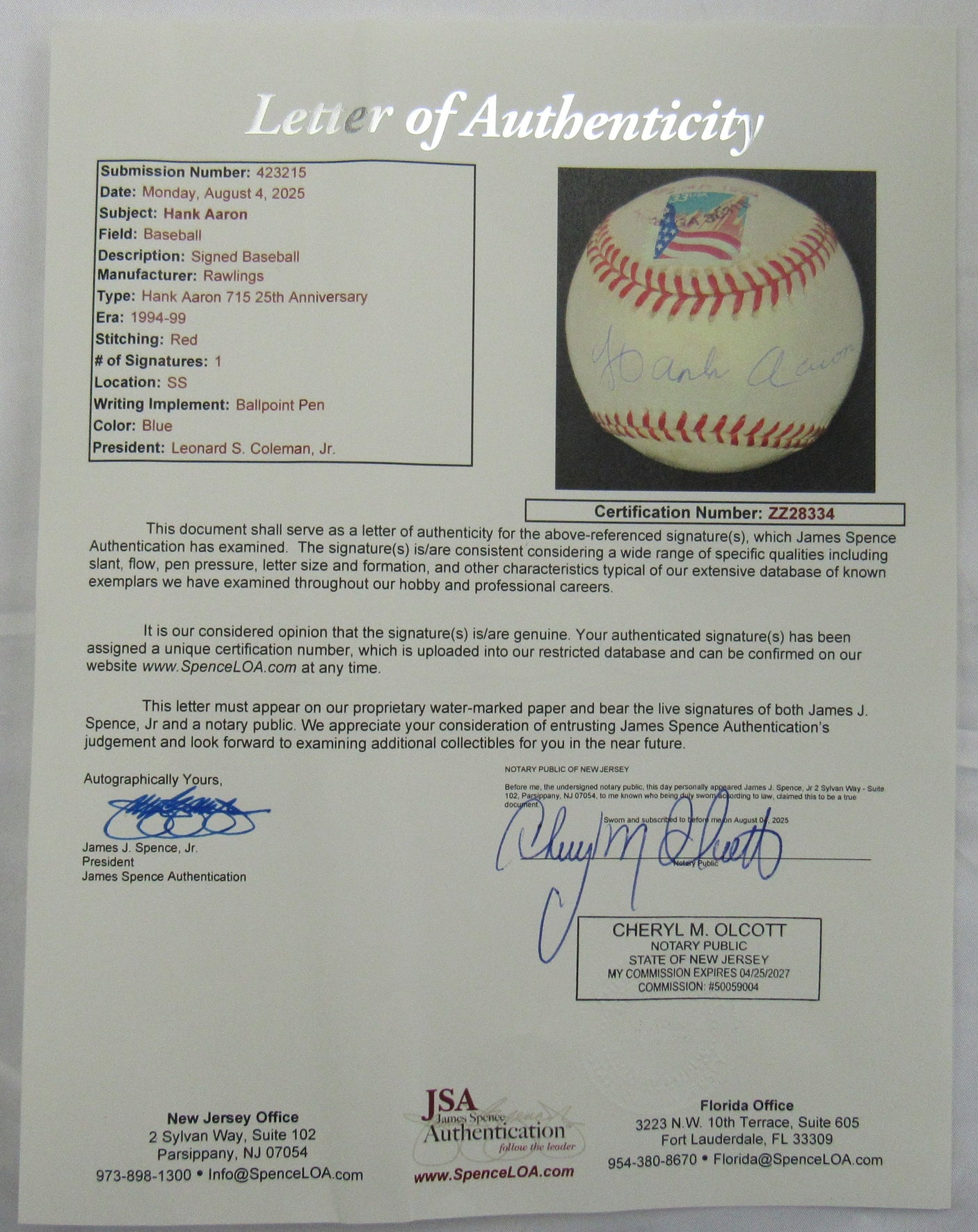 Hank Aaron Signed Auto 25th Anniversary Baseball JSA LOA ZZ28334
