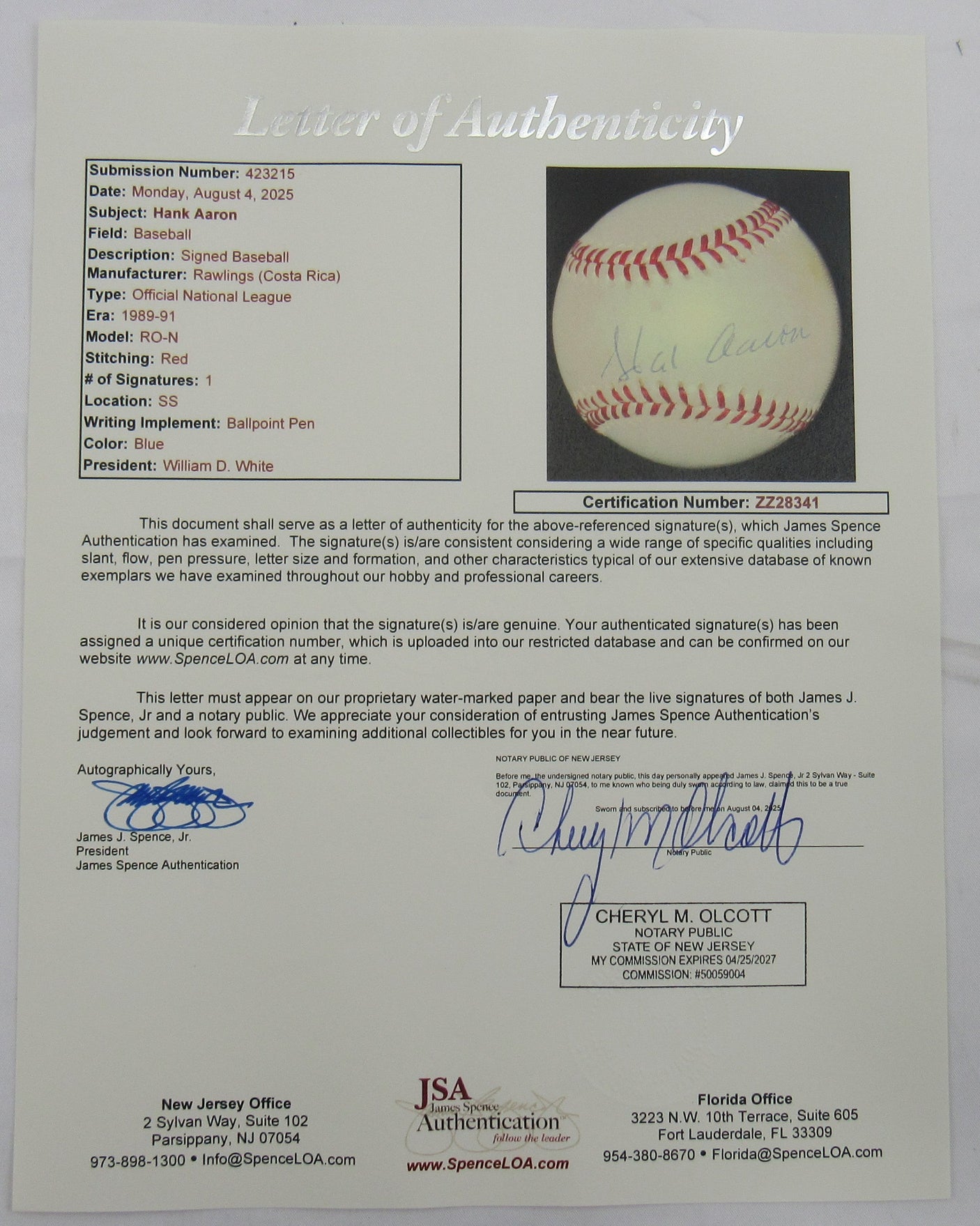Hank Aaron Signed Auto Baseball JSA LOA ZZ28341