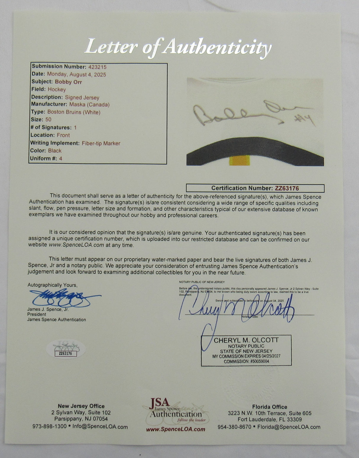 Bobby Orr Signed Auto Bruins Jersey JSA LOA ZZ63176